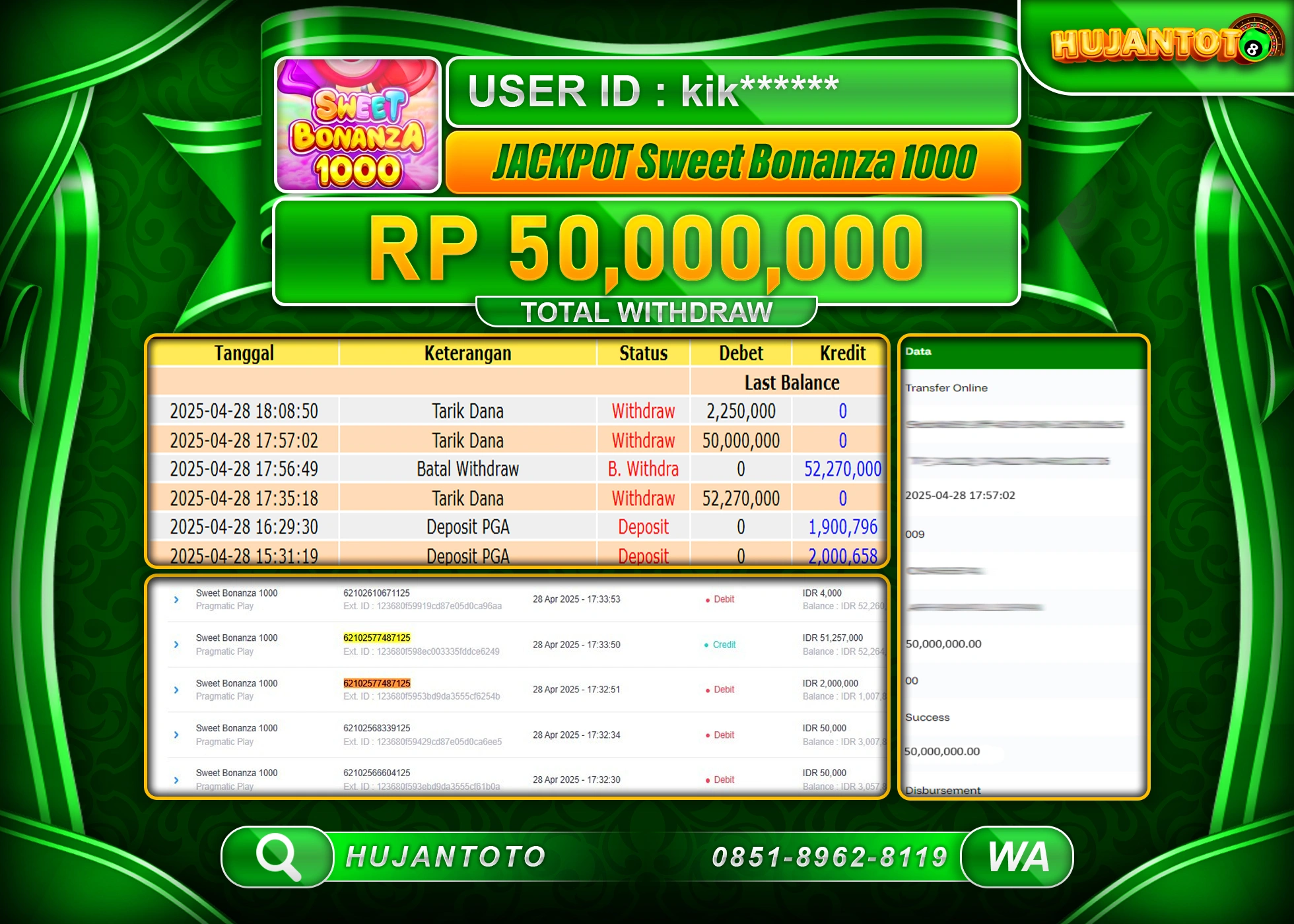 HUJANTOTO - BUKTI JACKPOT MENANG SLOT SWEET BONANZA 1000 Rp,50,000,000 - TERBAYAR LUNAS