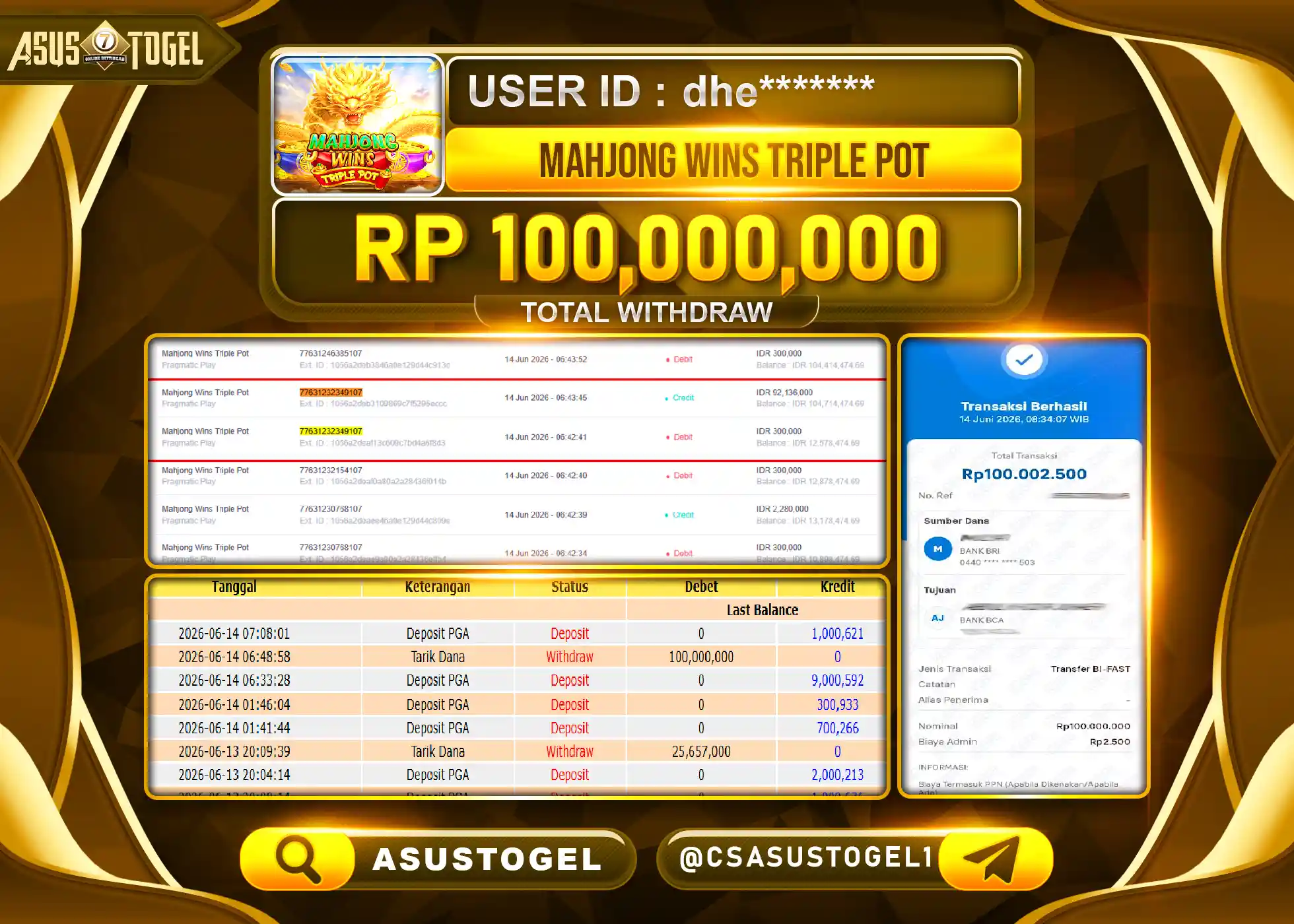 ASUSTOGEL KEMENANGAN JACKPOT PERMAINAN SLOT MAHJONG WINS TRIPLE POT Rp.100,000,000 - RUPIAH LUNAS
