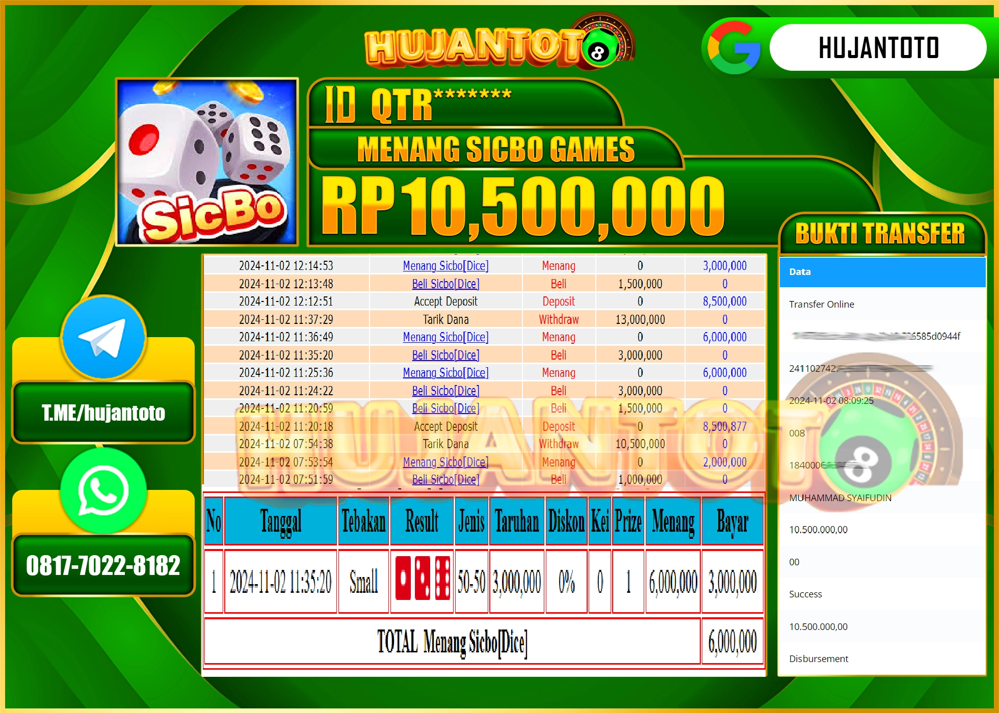 HUJANTOTO MENANG DI PERMAINAN SICBO DICE GAME - 10,500,000 - LUNAS