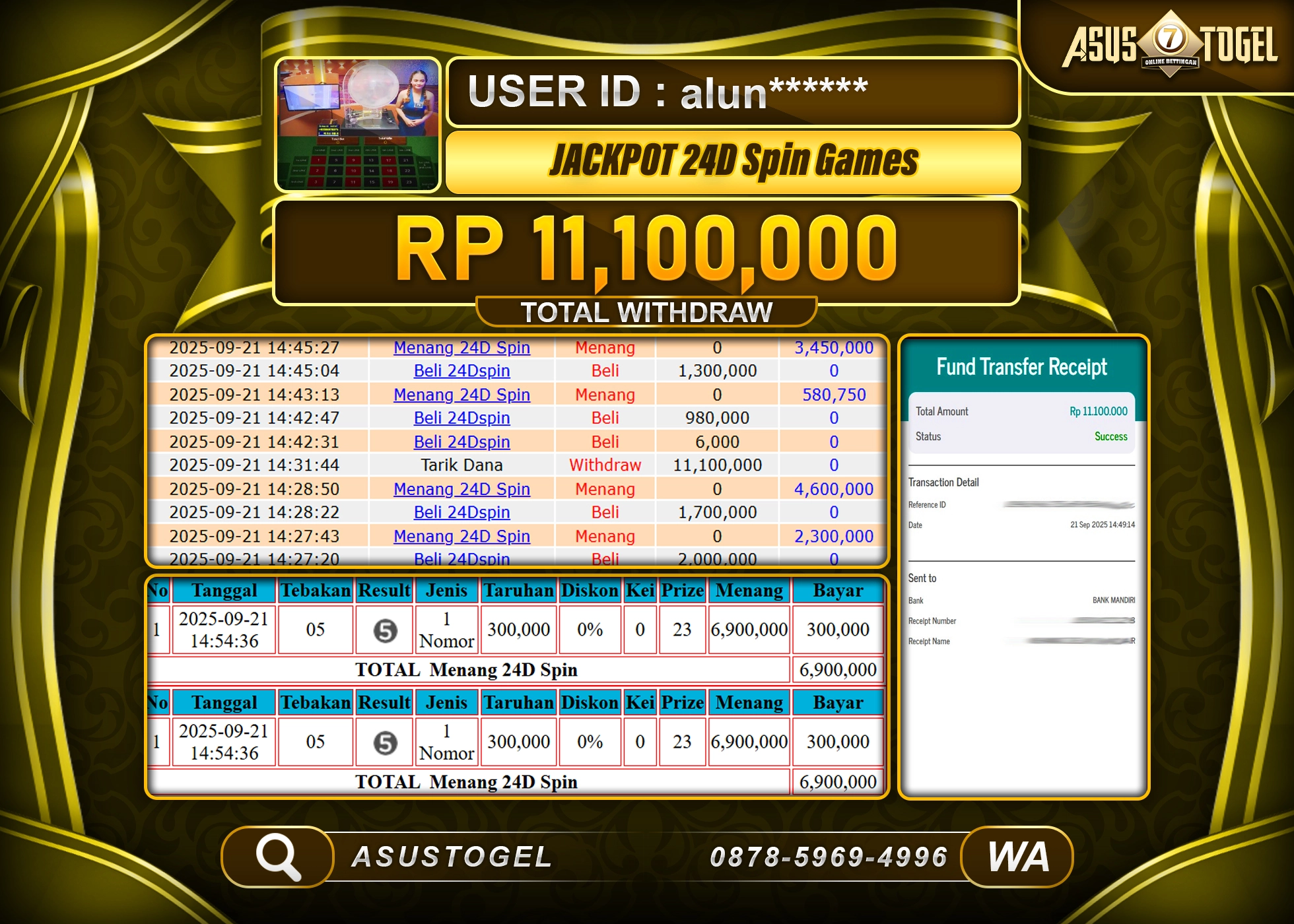 ASUSTOGEL KEMENANGAN DI LIVE GAMES 24D SPIN SEBESAR 11,100,000- RUPIAH LUNAS