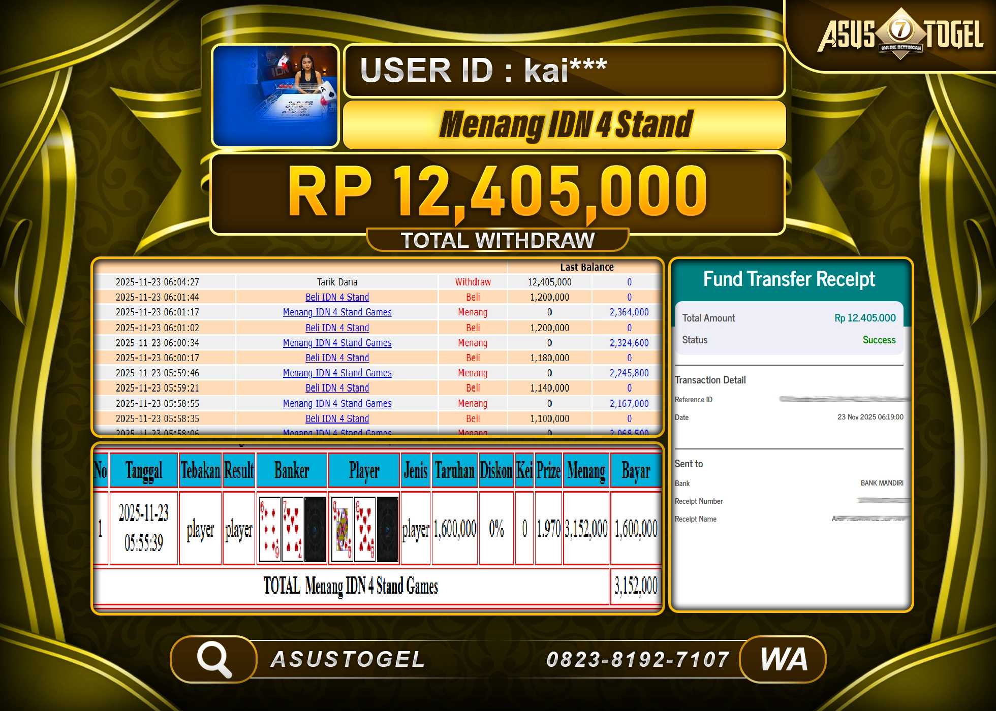 ASUSTOGEL KEMENANGAN DI LIVE GAMES IDN 4 STAND SEBESAR 12,405,000 - RUPIAH LUNAS