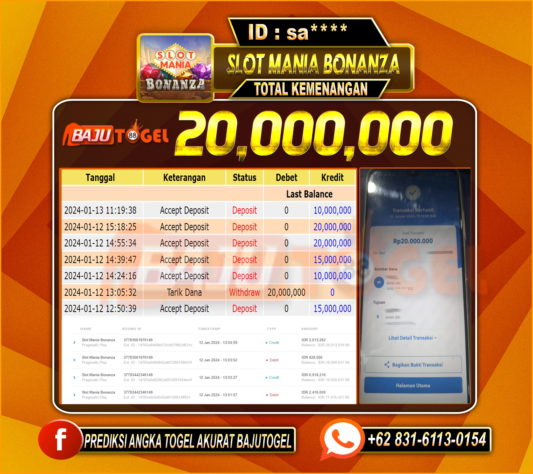 BAJUTOGEL JACKPOT SLOT MINIA BONANZA Rp.20.000.000 LUNAS