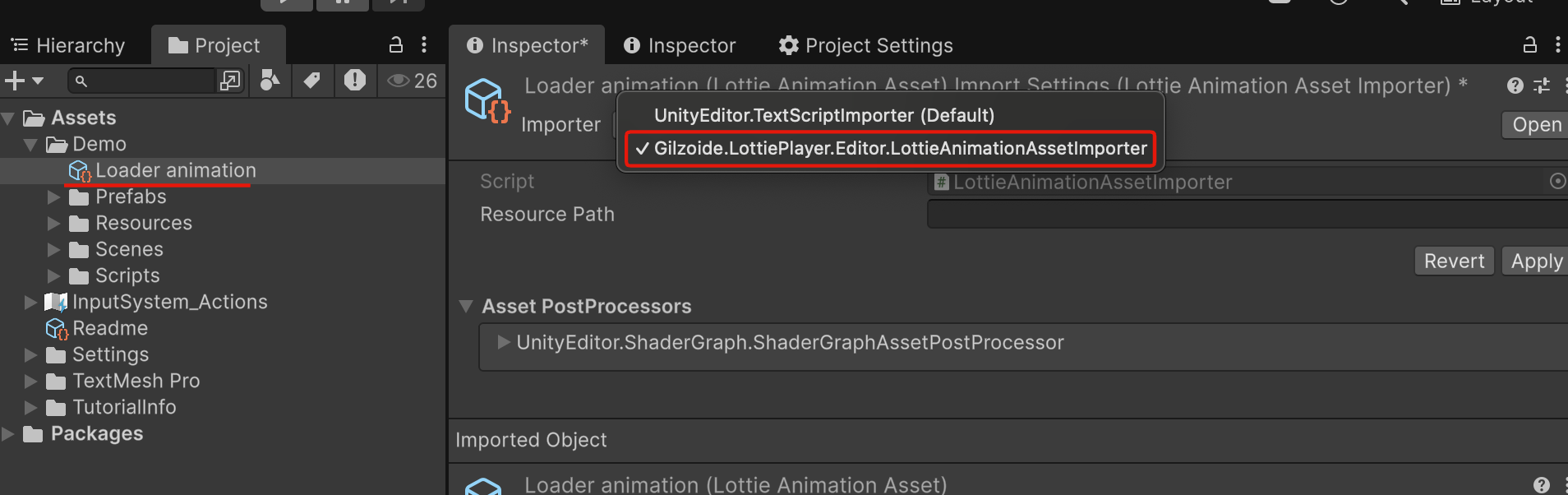 Lottie用Importerの選択