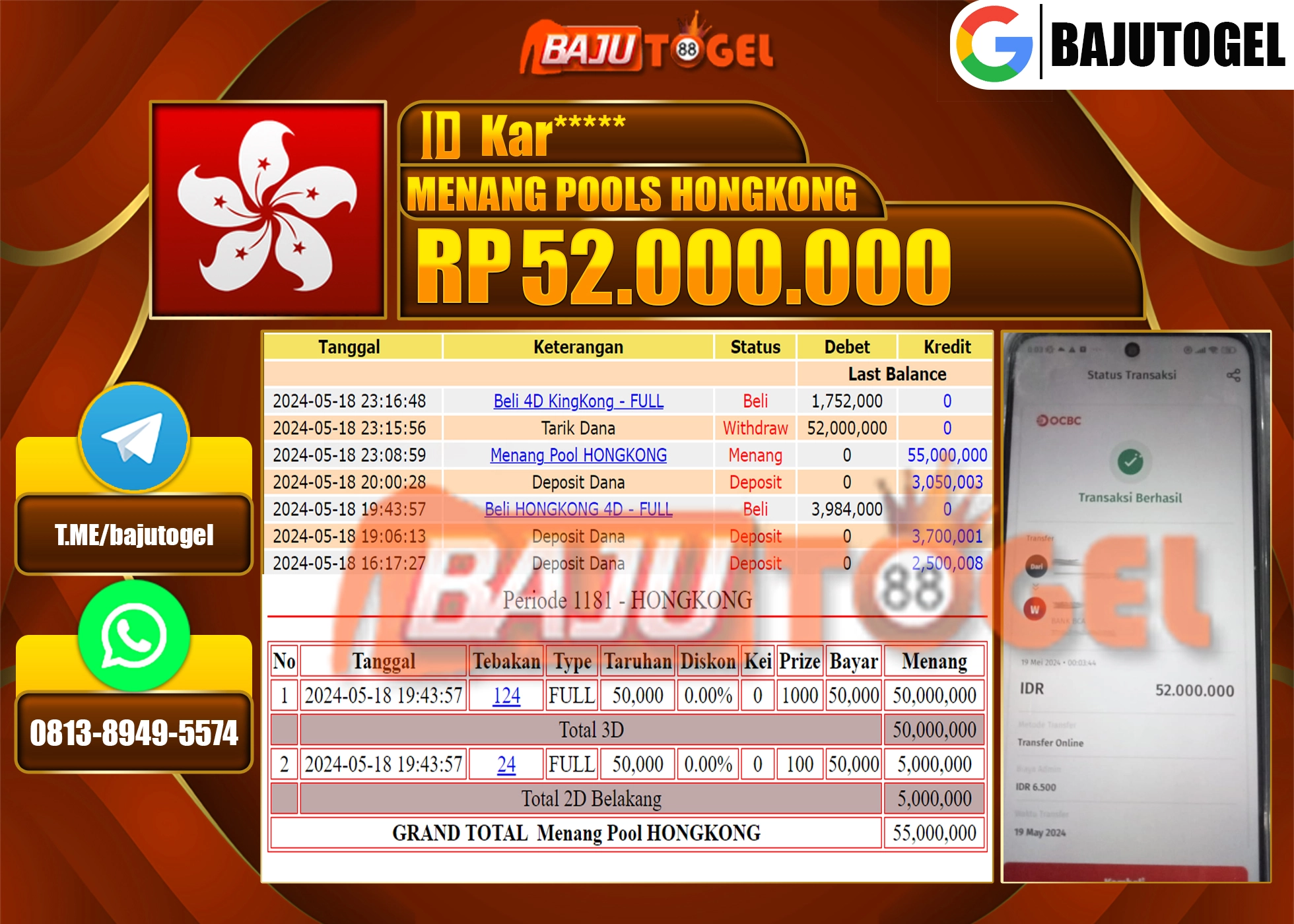 BAJUTOGEL KEMENANGAN PASARAN HONGKONG Rp.52.000.000 LUNAS
