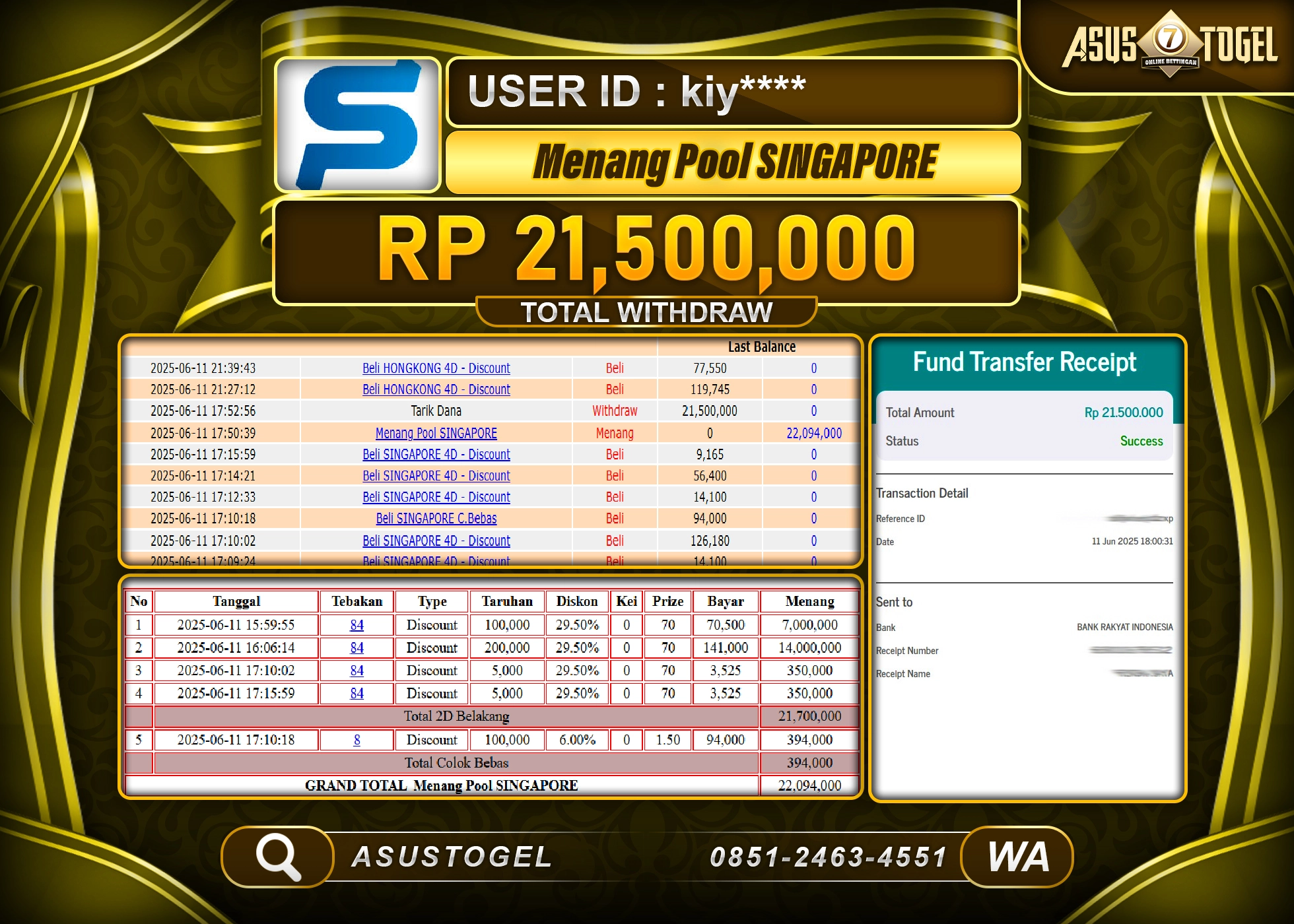 ASUSTOGEL KEMENANGAN DI TOGEL SINGAPORE SEBESAR 21,500,000- RUPIAH LUNAS