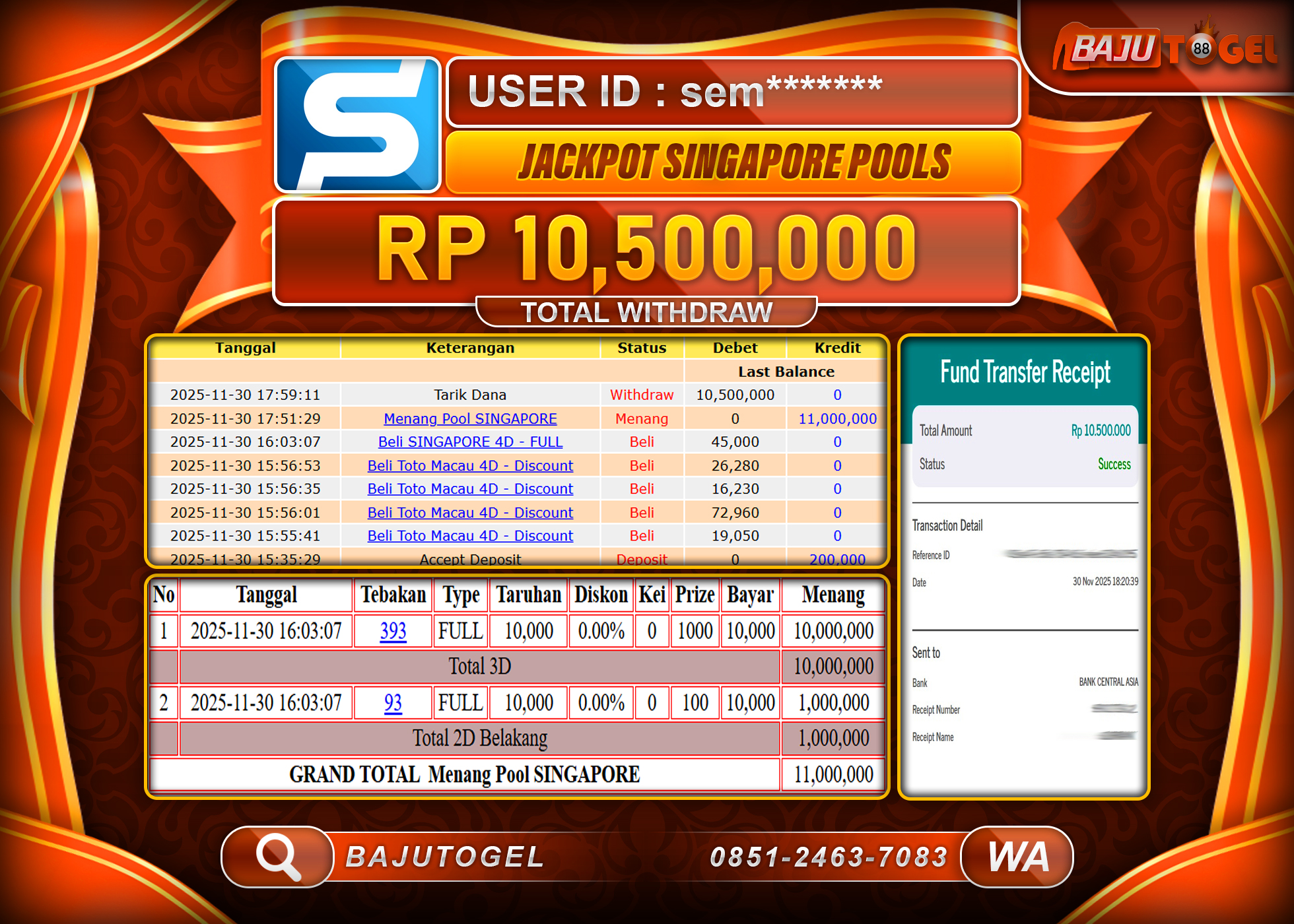 BAJUTOGEL KEMENANGAN DI PASARAN SINGAPORE POOLS Rp.10,500,000 LUNAS