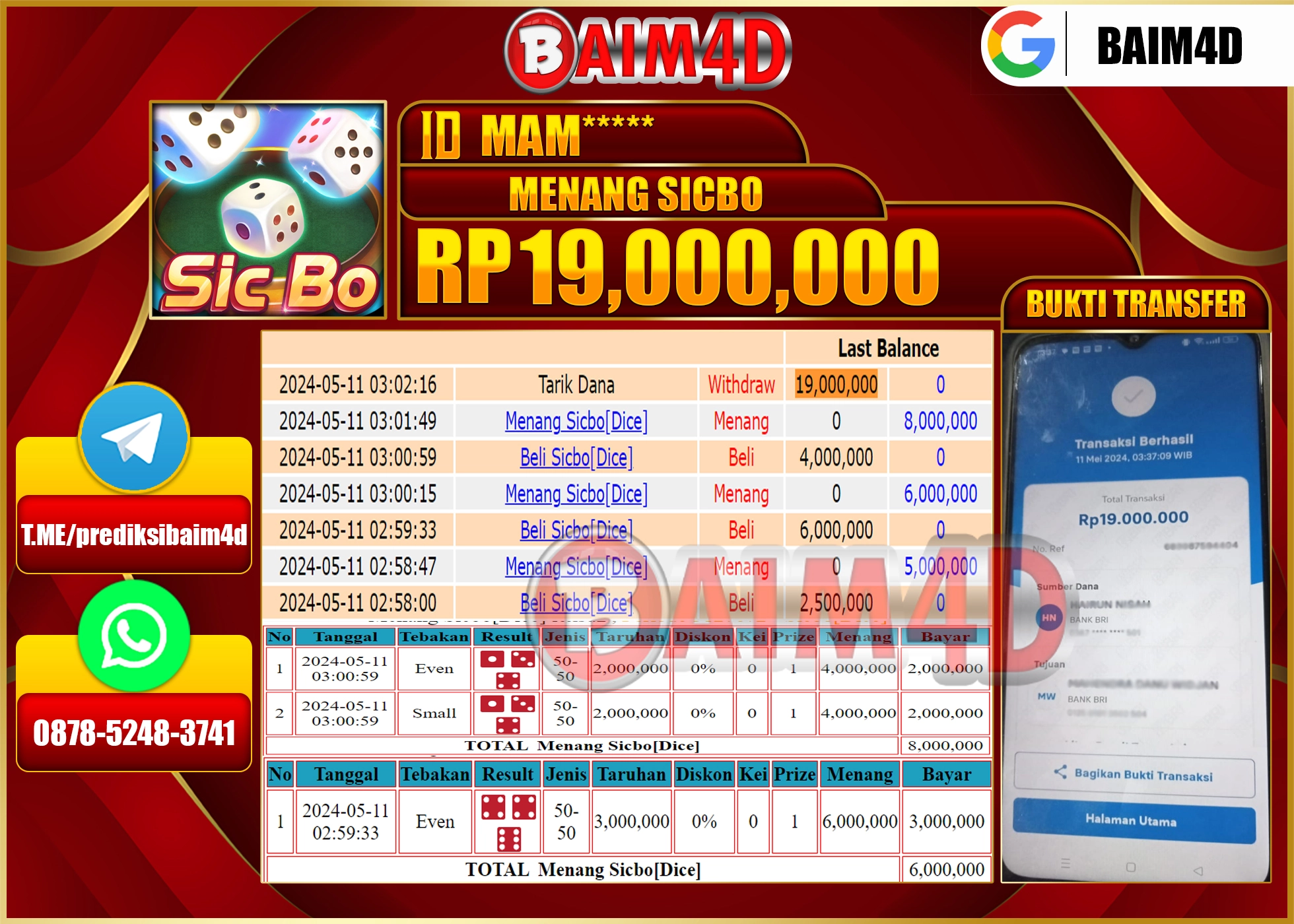 BAIM4D JACKPOT LIVE CASINO SICBO Rp.19,000,000.,- LUNAS