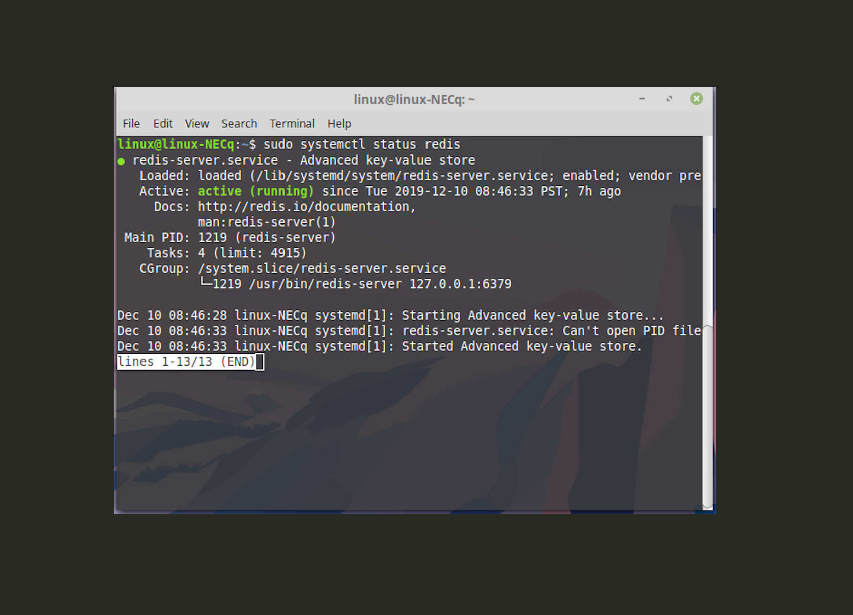 Screenshot of a terminal window returns an active status of a Redis Database service