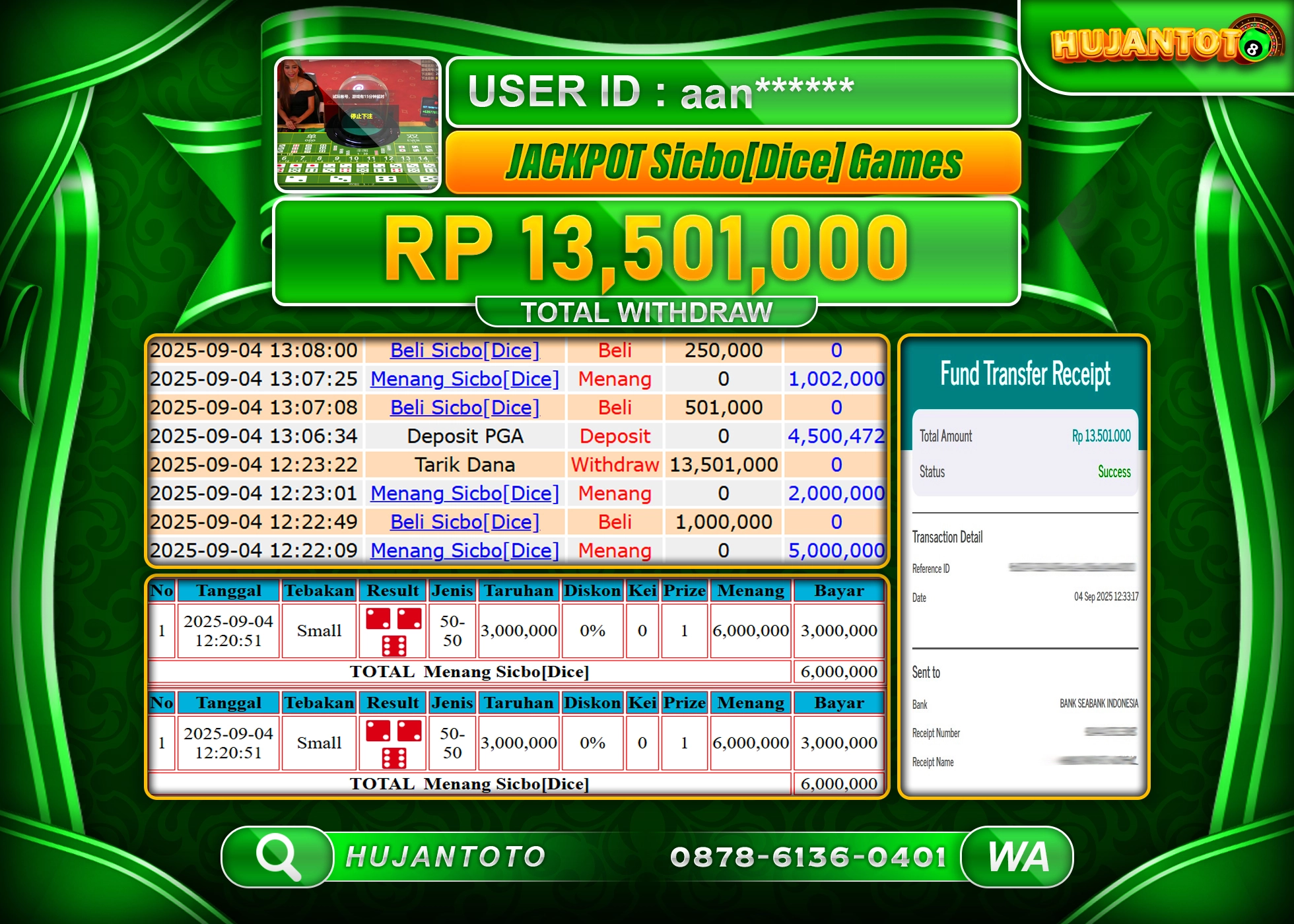 HUJANTOTO - BUKTI JACKPOT MENANG DI PERMAINAN SICBO DICE GAME Rp.13,501,000  - TERBAYAR LUNAS