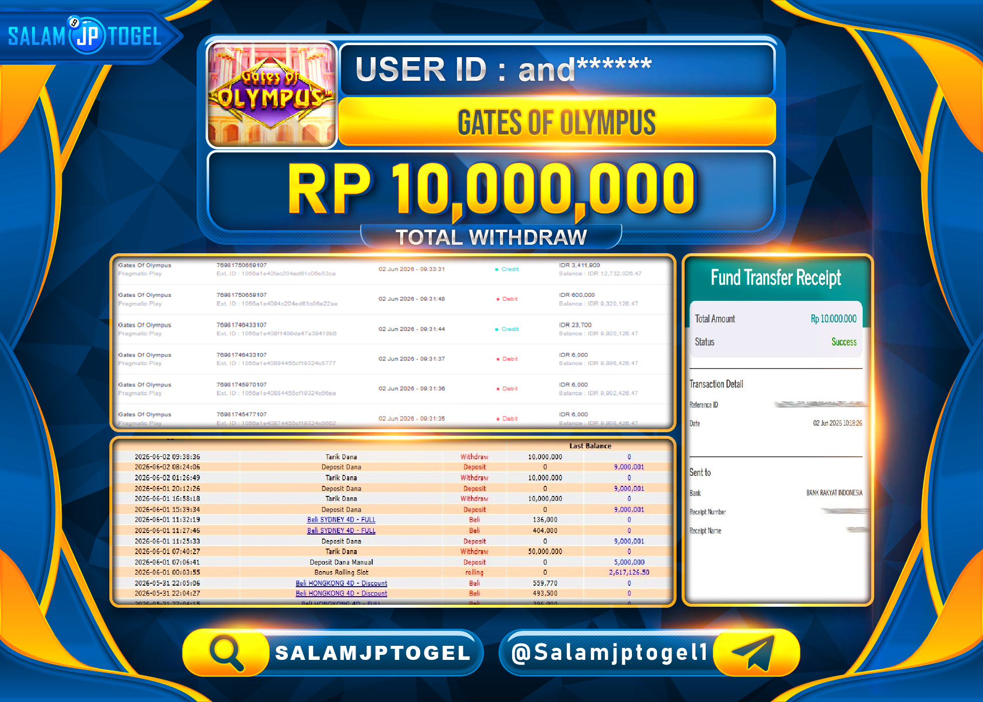 SALAMJPTOGEL JACKPOT MENANG SLOT GATES OF OLYMPUS  Rp.10,000,000 - LUNAS