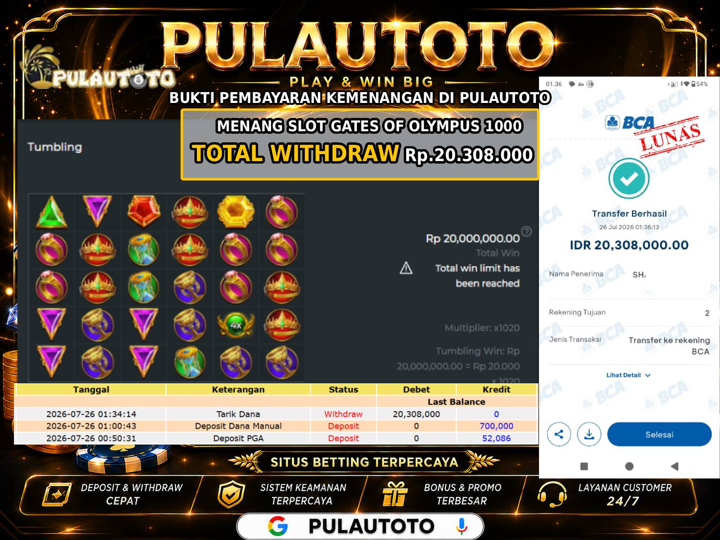 🏆 BUKTI KEMENANGAN MEMBER PULAUTOTO GATES OF OLYMPUS 1000🏆