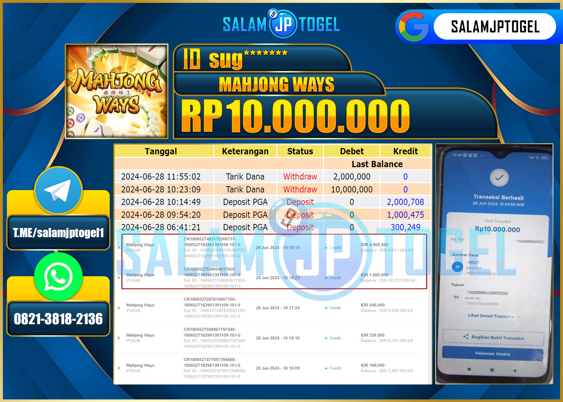 SALAMJPTOGEL MENANG MAHJONG WAYS RP. 10,000,000.,LUNAS