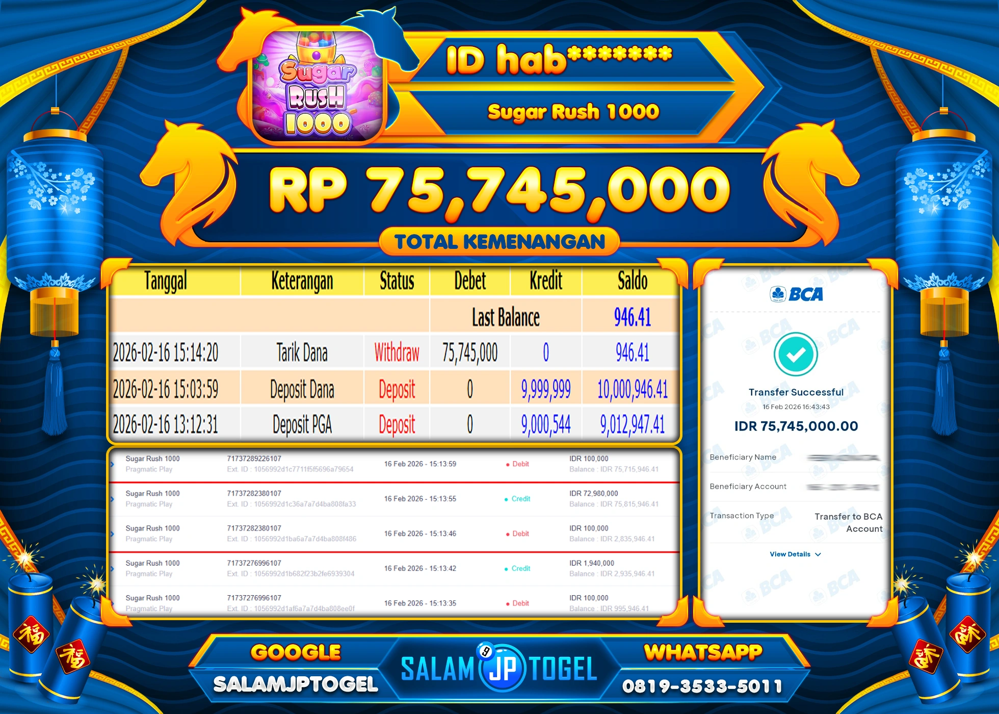 SALAMJPTOGEL JACKPOT SUGAR RUSH 1000 Rp.75,745,000 - LUNAS