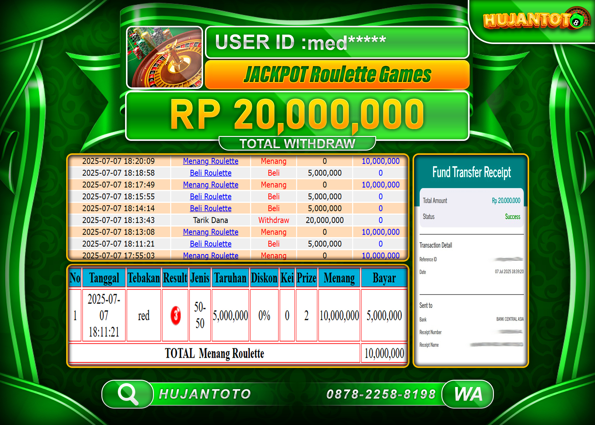 HUJANTOTO - BUKTI JACKPOT MENANG BESAR DI LIVEGAME ROULLETE GAMES Rp.20,000,000 - TERBAYAR LUNAS