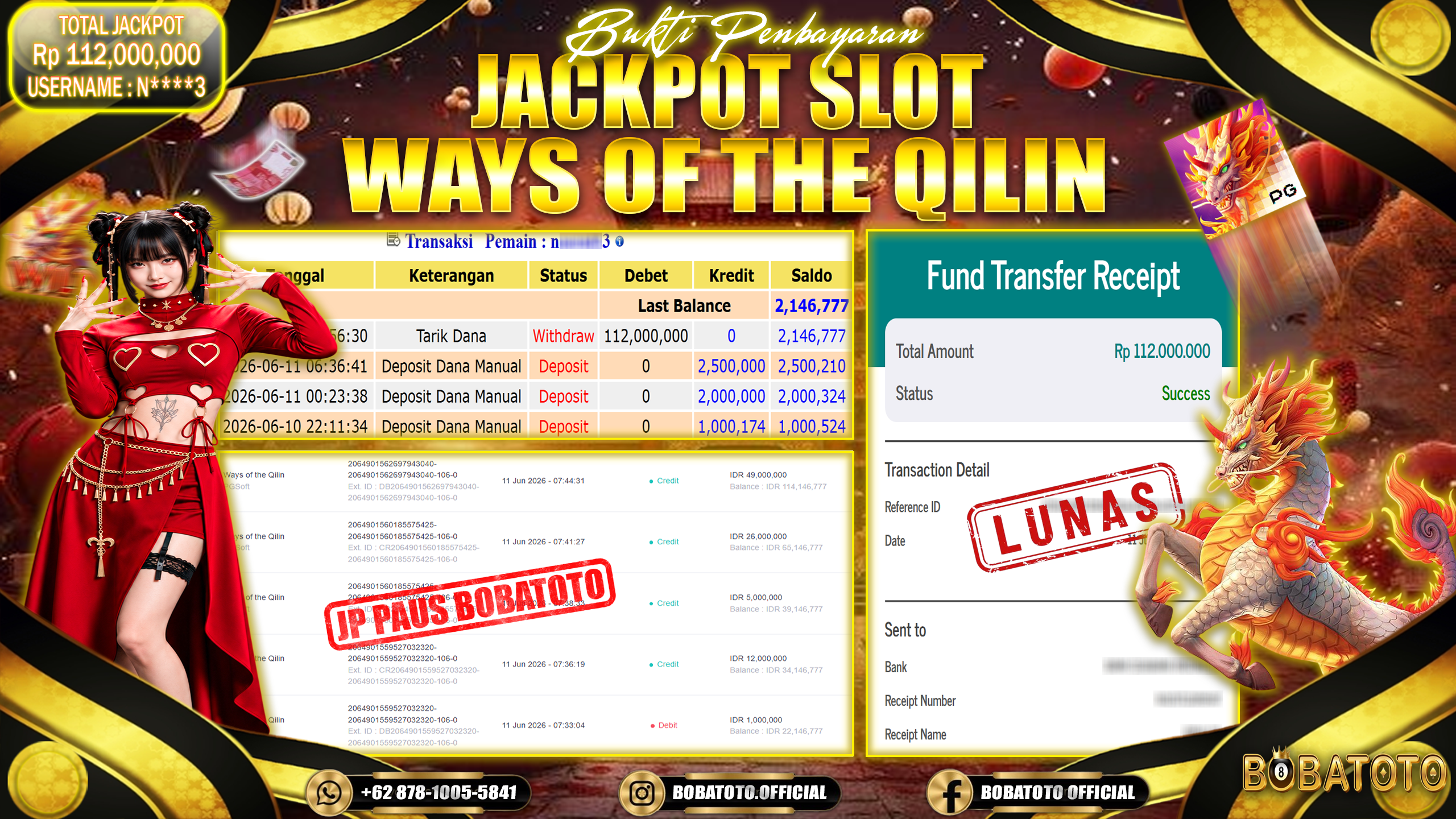 BOBATOTO JACKPOT SLOT WAYS OF THE QILIN PG SOFT Rp.112,000,000,- LUNAS!!! 