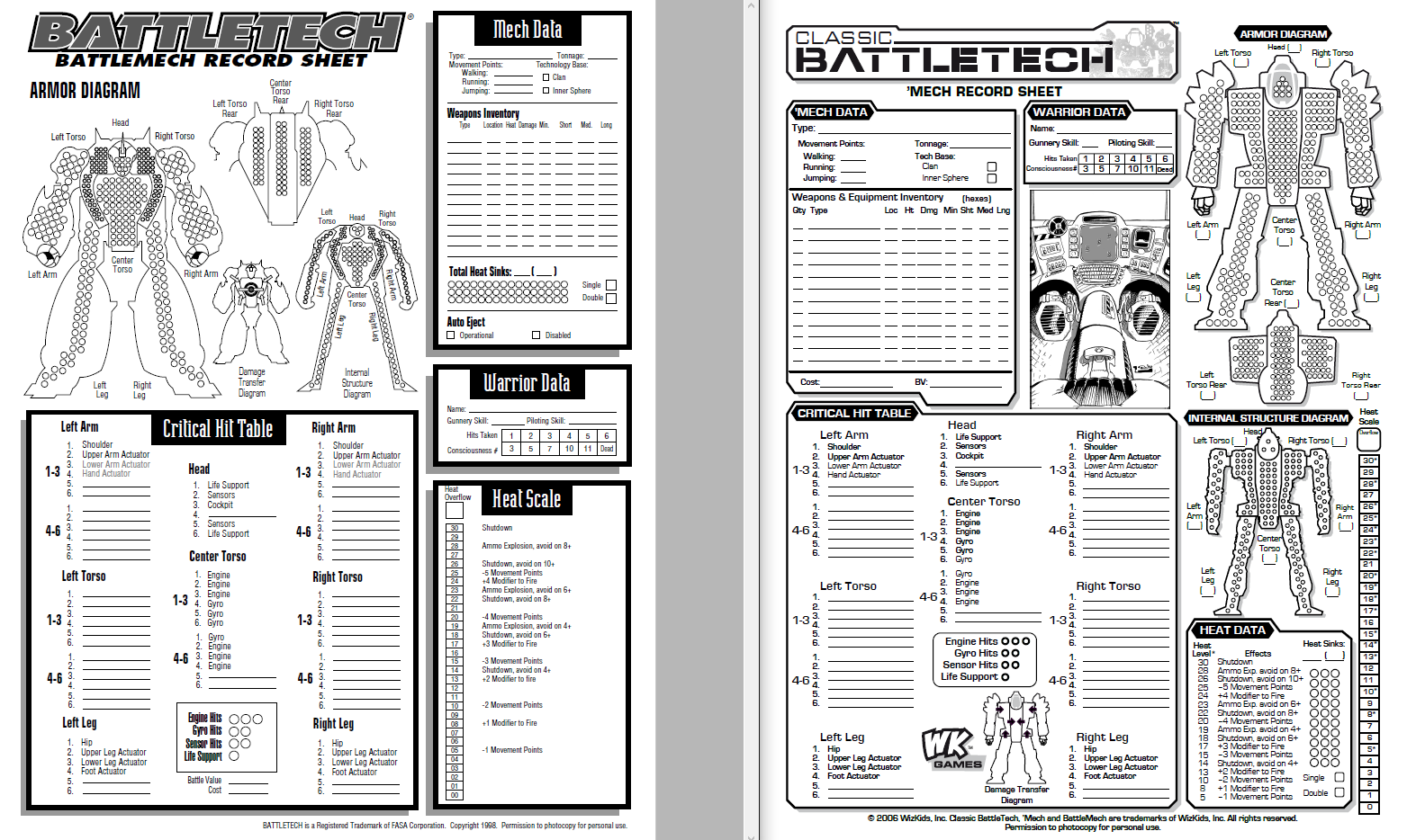 free battletech record sheets