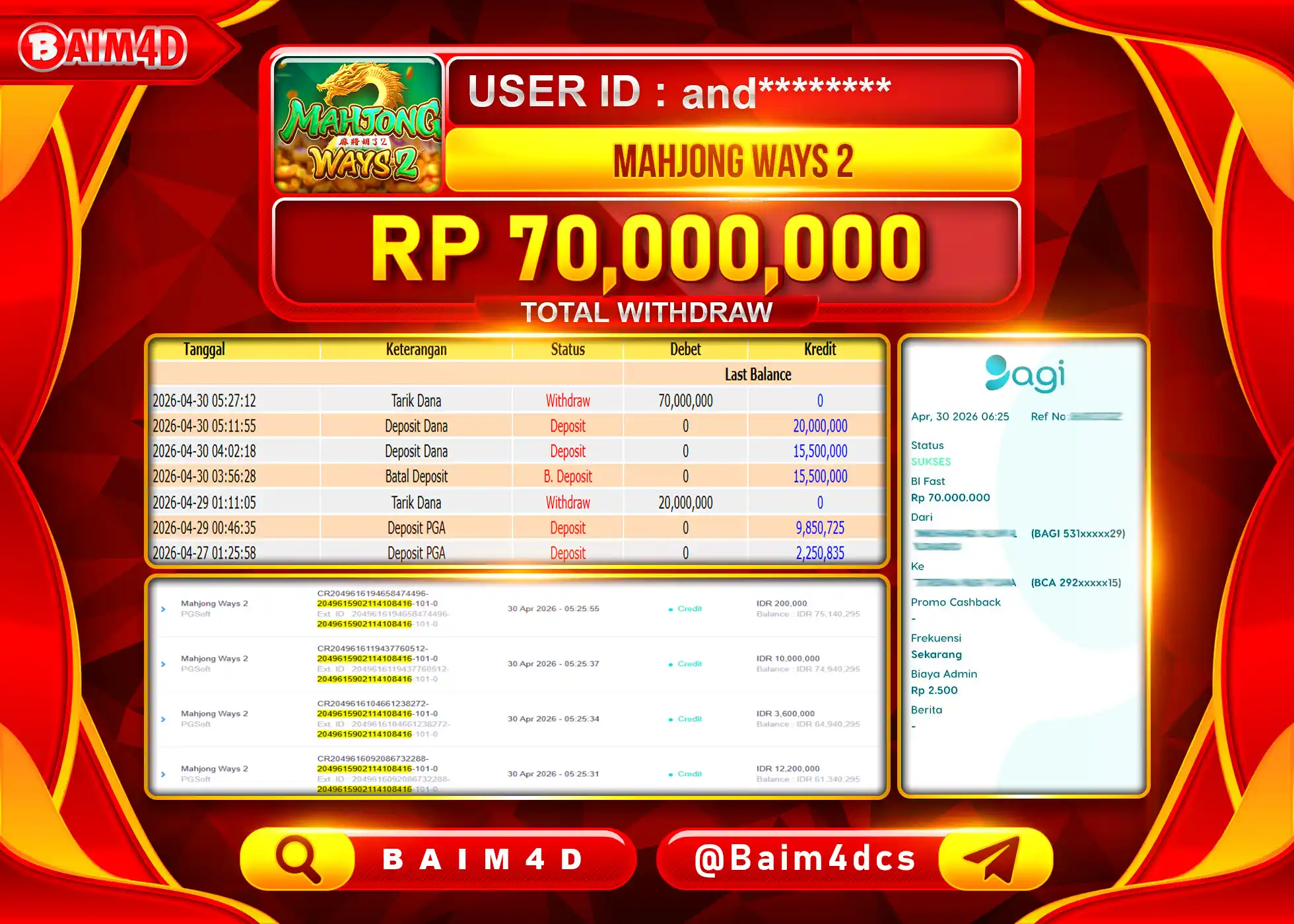 BAIM4D JACKPOT SLOT MAHJONG WAYS 2 Rp.70,000,000 - LUNAS