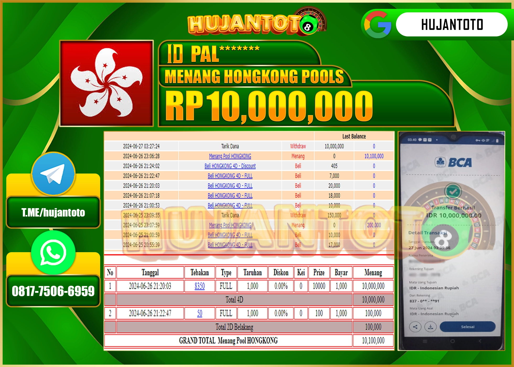 HUJANTOTO MENANG HONGKONG POOLS WD 10.000.000 - LUNAS 