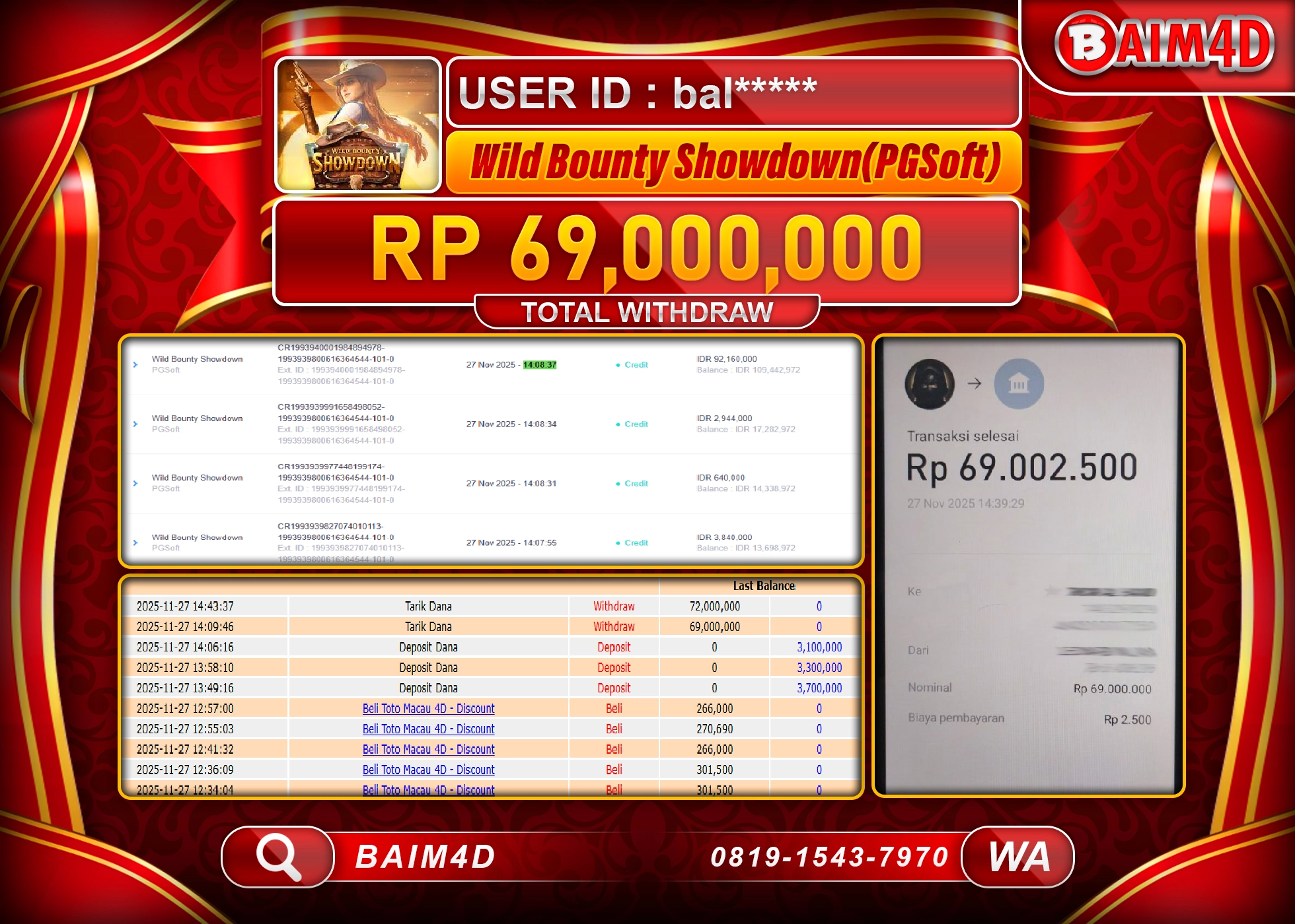 BAIM4D JACKPOT SLOT WILD BOUNTY SHOWDOWN Rp.69,000,000 - LUNAS