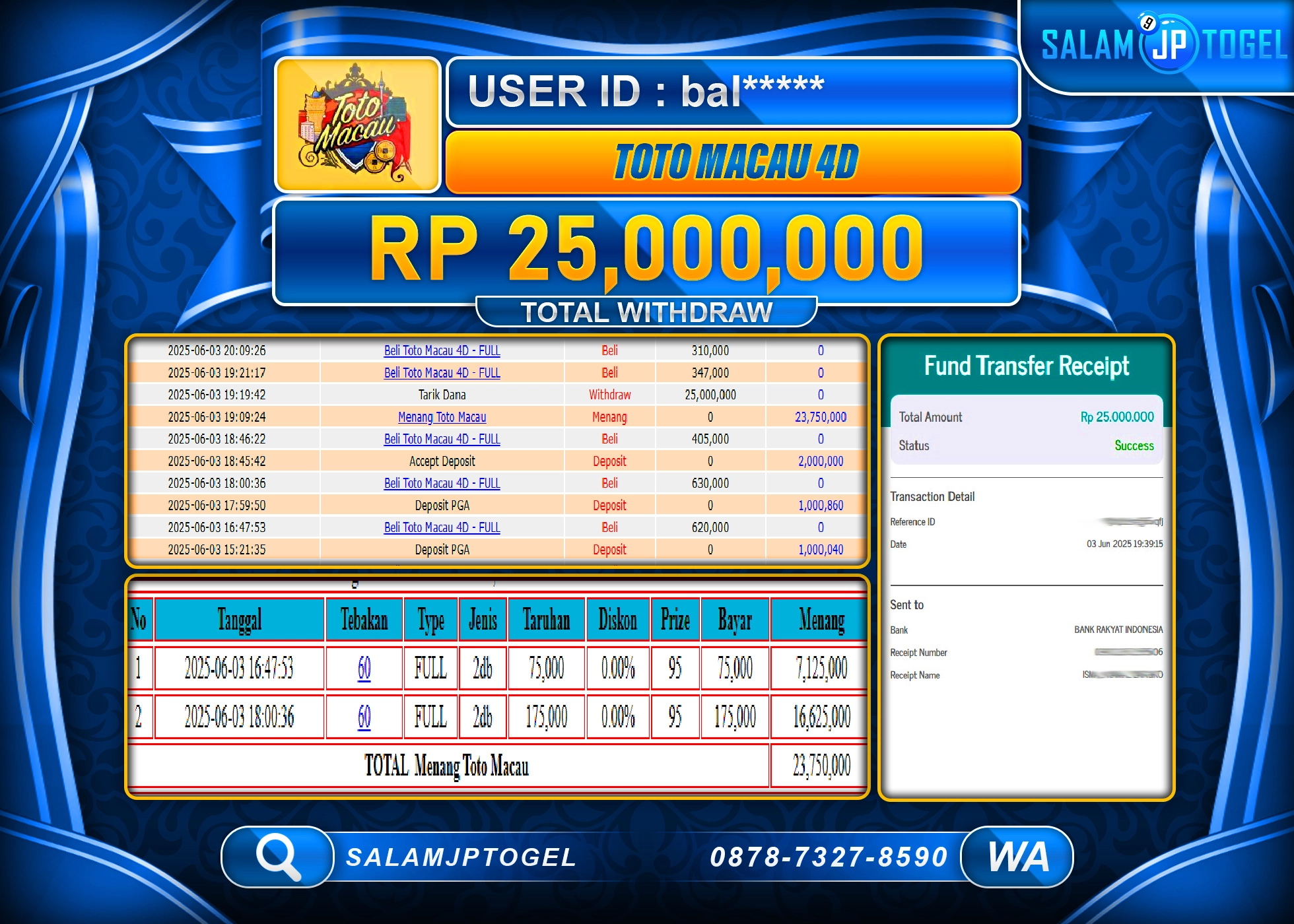 SALAMJPTOGEL MENANG Toto Macau 4D Rp.25,000,000 LUNAS
