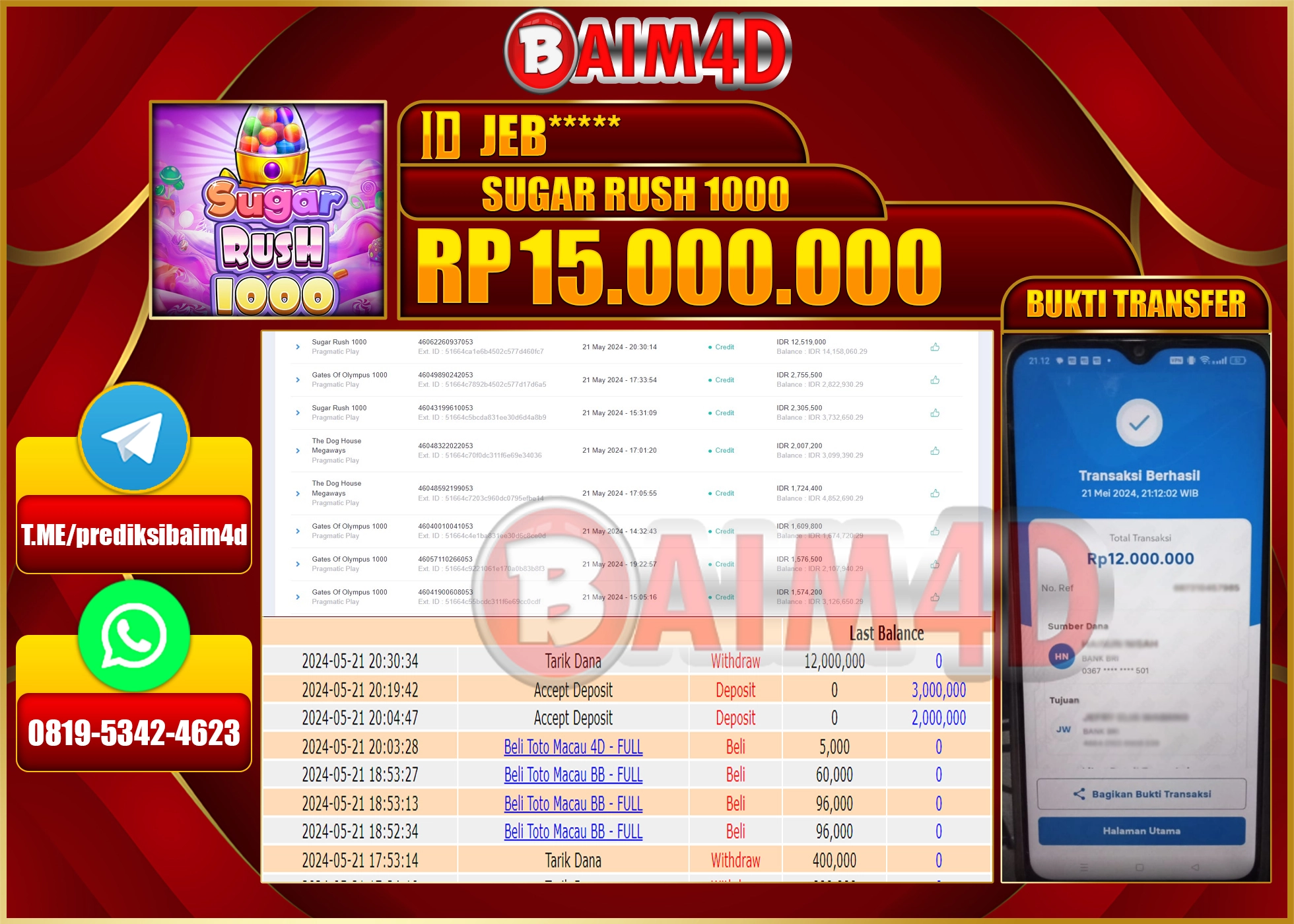 BAIM4D JACKPOT SUGAR RUSH 1000 Rp.15.000,000.,- LUNAS