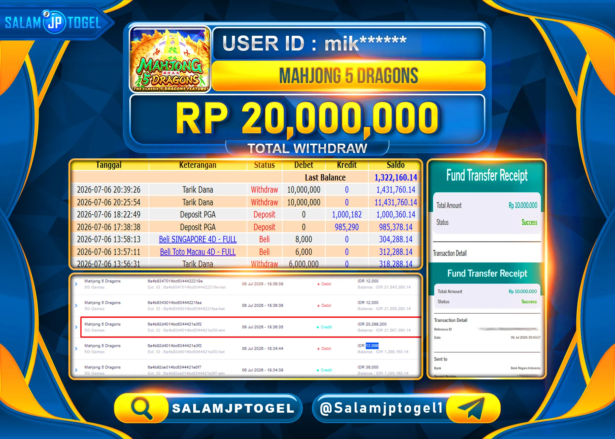SALAMJPTOGEL JACKPOT MENANG SLOT MAHJONG 5 DRAGONS 5D GAMES Rp.20,000,000 - LUNAS
