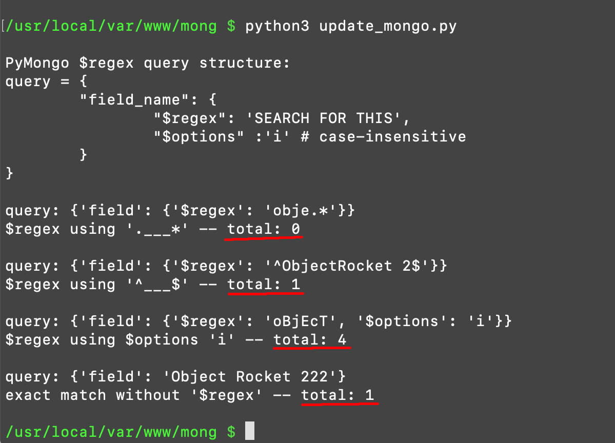 Screenshot of the Python script making $regex queries for ObjectRocket data
