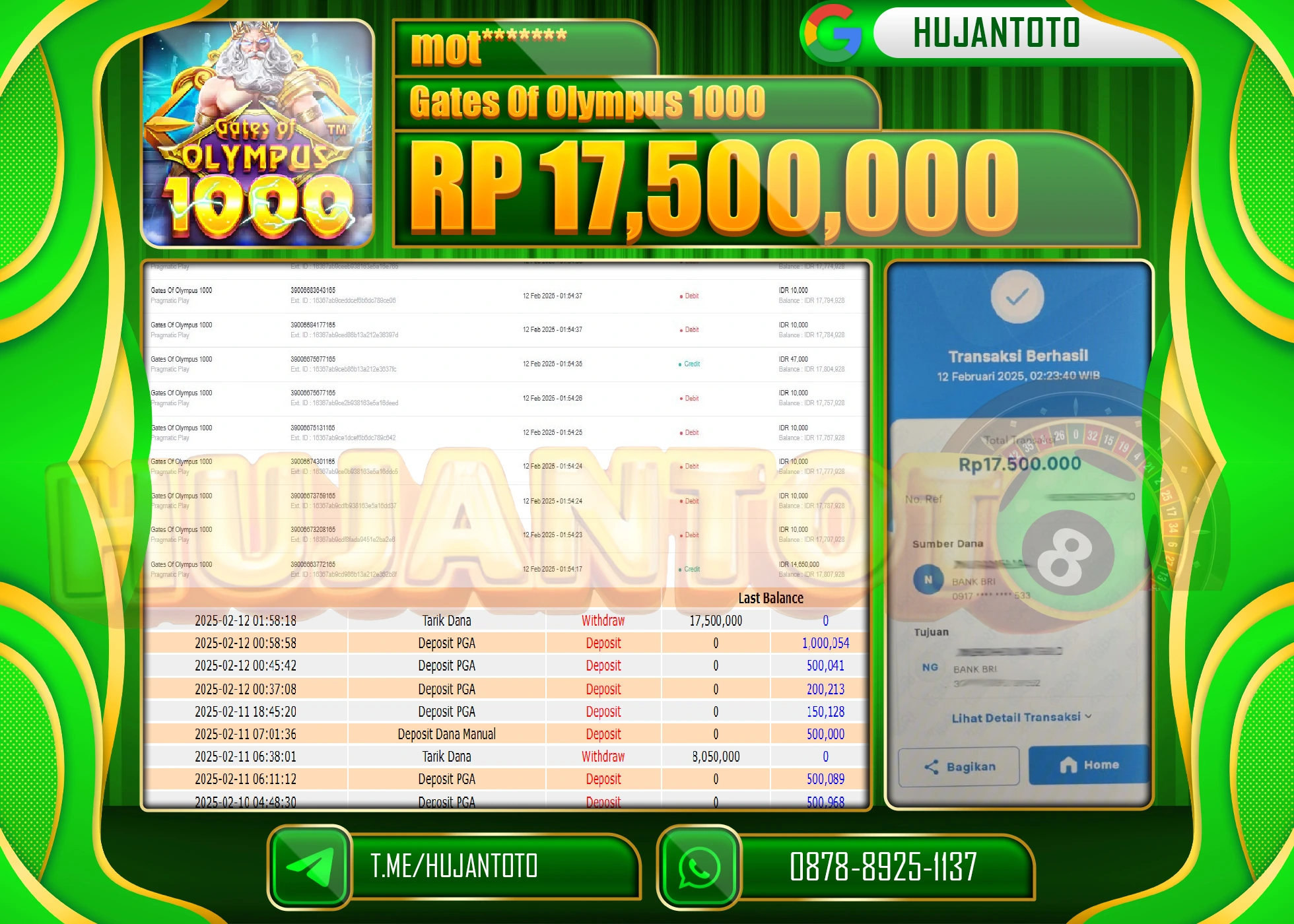 HUJANTOTO - BUKTI JACKPOT MENANG SLOT GATES OF OLYMPUS 1000 Rp,17,500,000 - TERBAYAR LUNAS