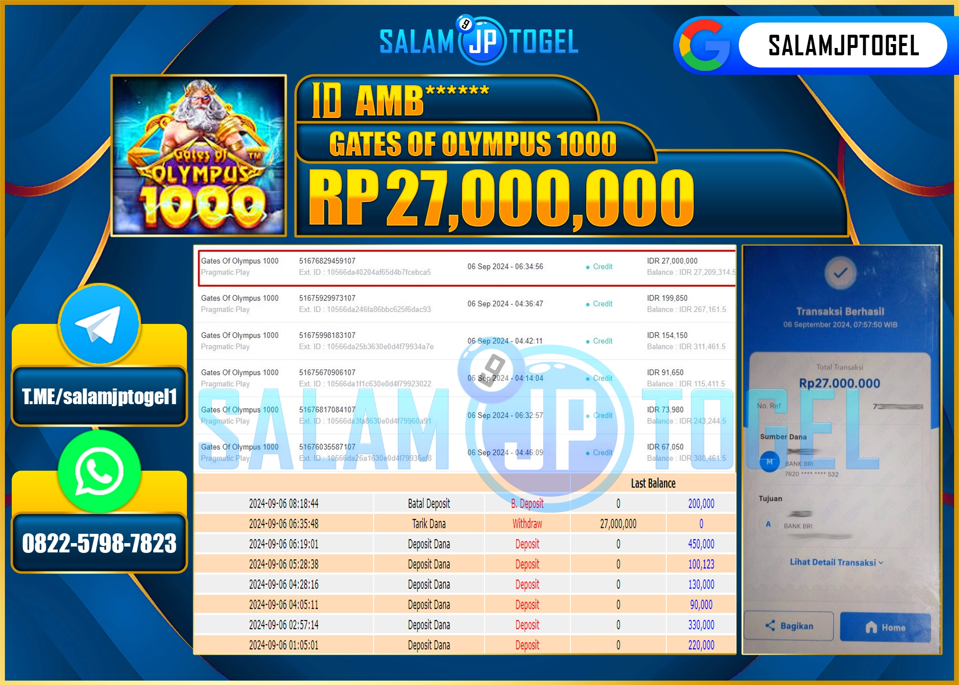 SALAMJPTOGEL MENANG SLOT GATES OF OLYMPUS 1000  RP. 27,000,000 LUNAS