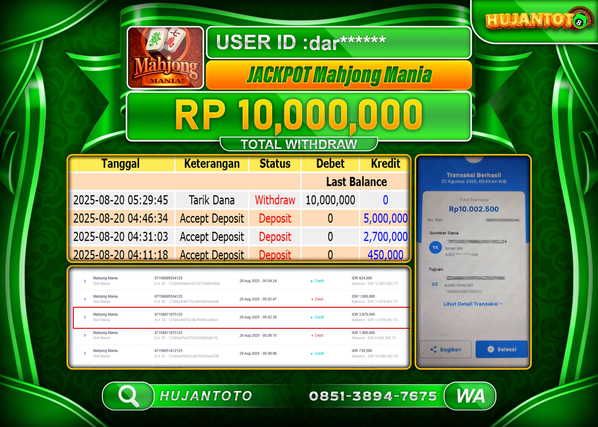 HUJANTOTO - BUKTI JACKPOT MENANG SLOT MAHJONG MANIA Rp.10,000,000 - TERBAYAR LUNAS