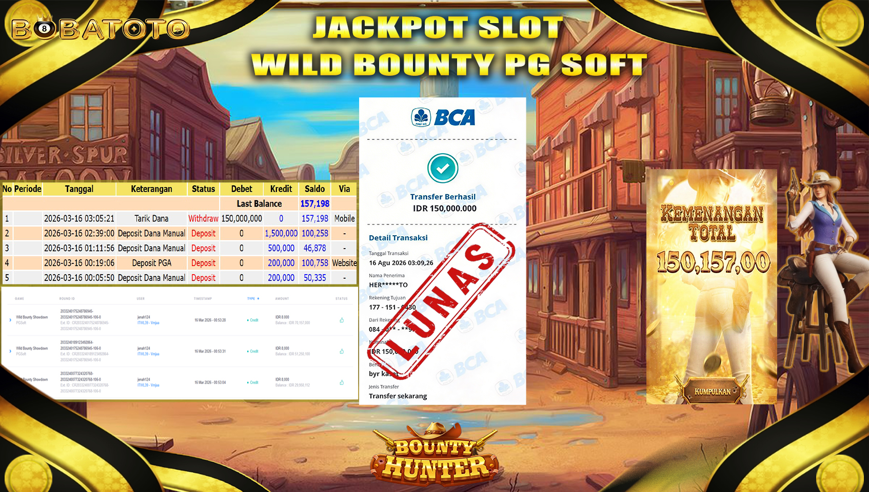 BOBATOTO JACKPOT SLOT WILD BOUNTY PG SOFT Rp.150,000,000,- LUNAS!!