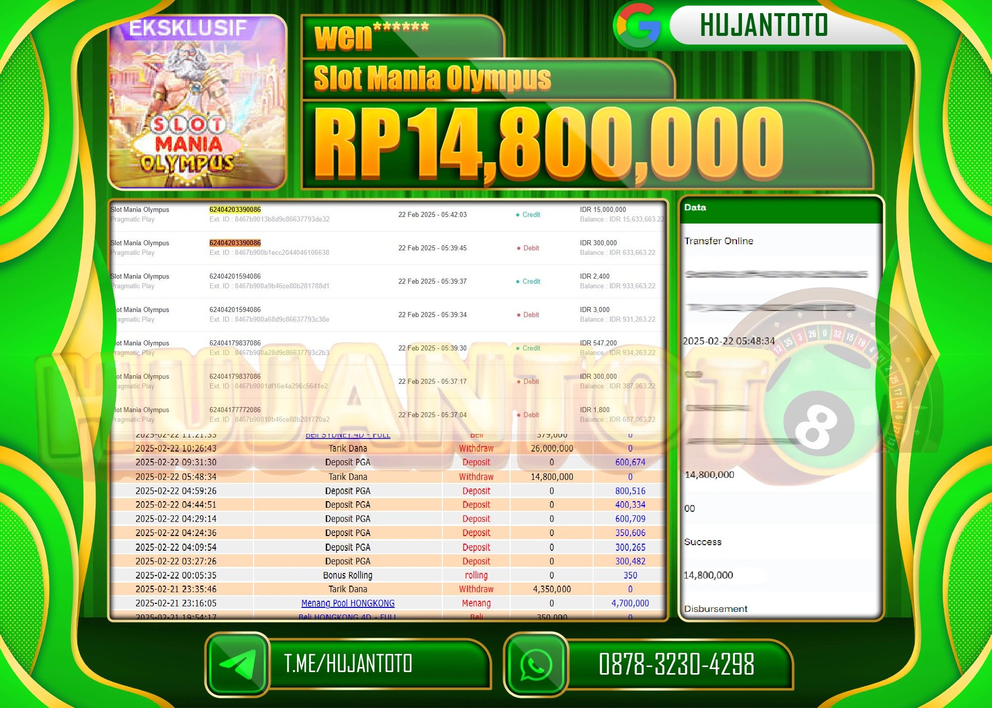 HUJANTOTO - BUKTI JACKPOT MENANG SLOT MANIA OLYMPUS Rp,14,800,000 - TERBAYAR LUNAS