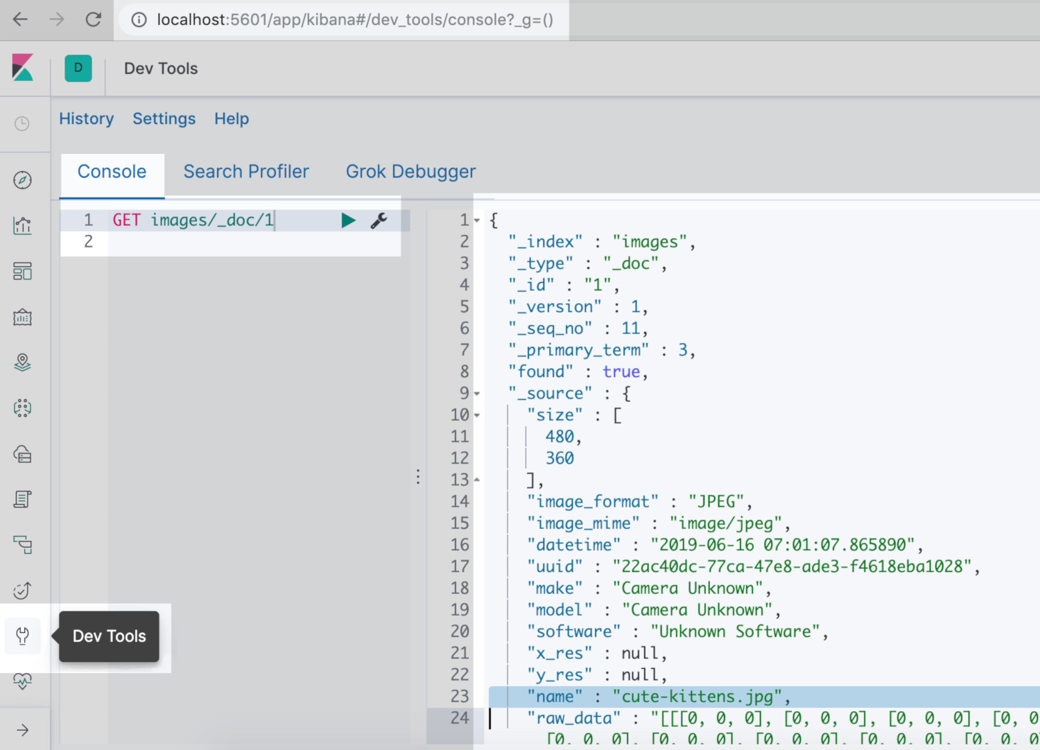 Screenshot of a GET request in Kibana to _search for the indexed image as a list object