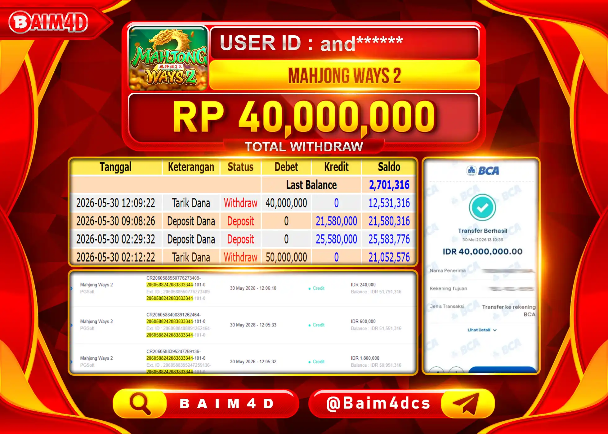 BAIM4D JACKPOT SLOT MAHJONG WAYS 2 Rp.40,000,000 - LUNAS