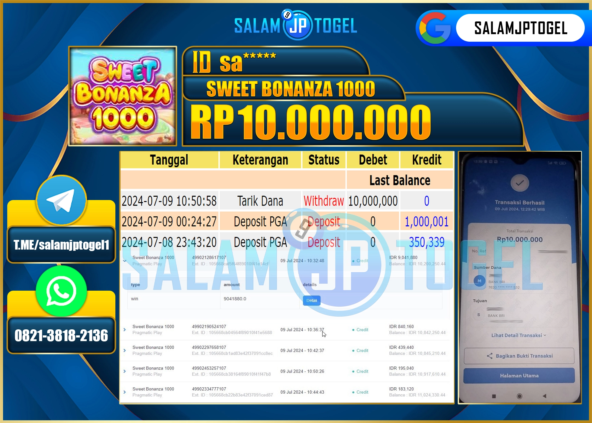 SALAMJPTOGEL MENANG Sweet Bonanza 1000 RP. 10,000,000.,LUNAS