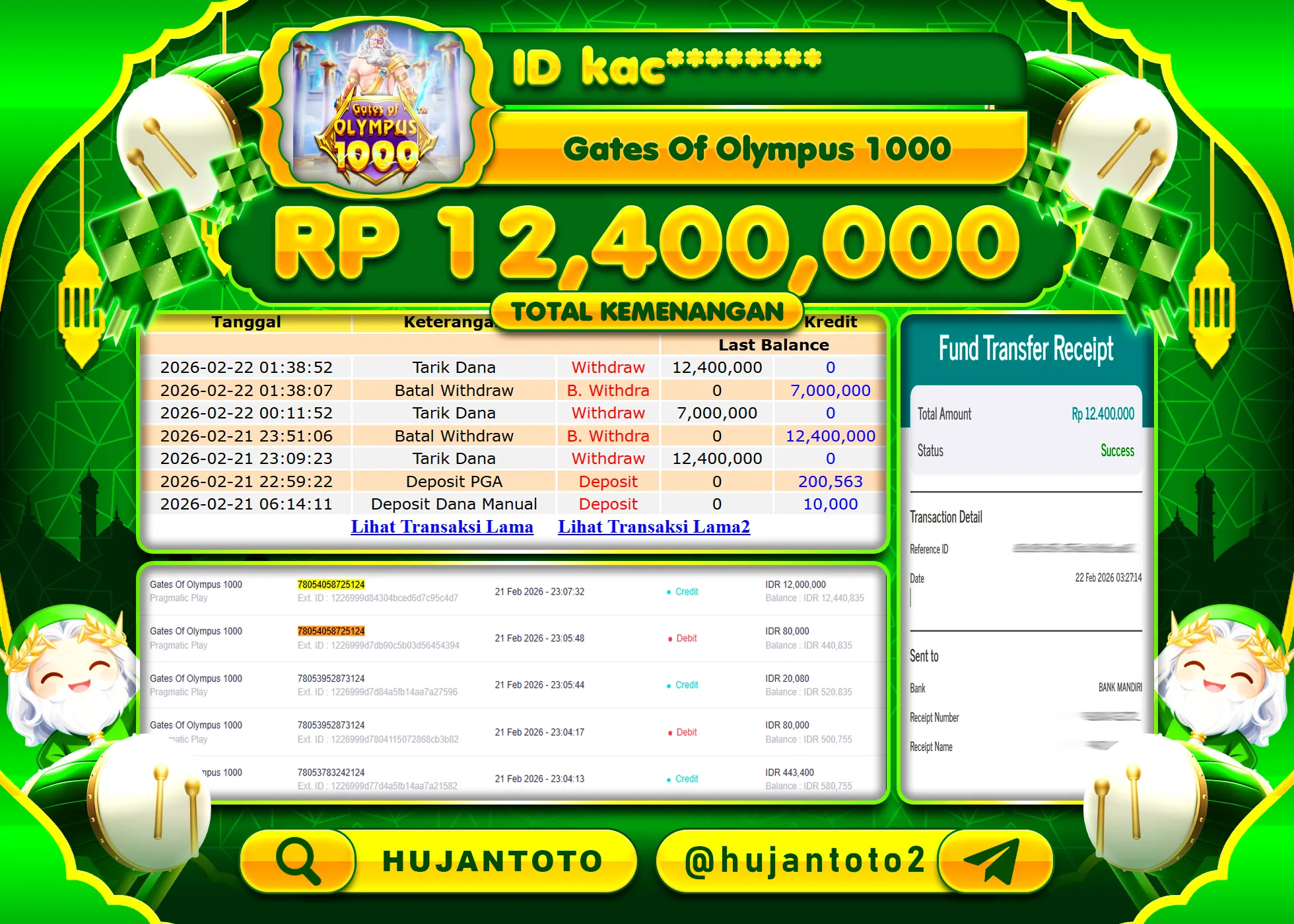 HUJANTOTO - BUKTI JACKPOT MENANG SLOT GATES OF OLYMPUS 1000 Rp.12,400,000- TERBAYAR LUNAS