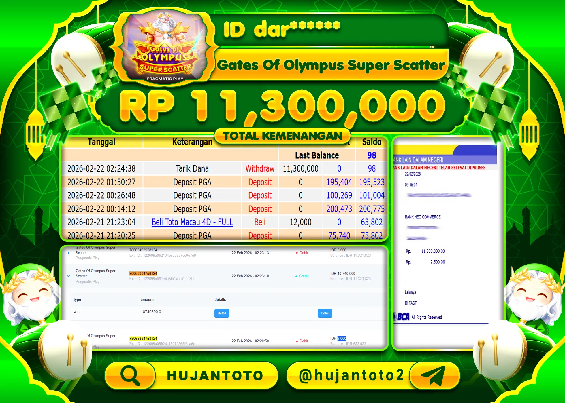 HUJANTOTO - BUKTI JACKPOT MENANG GATES OF OLYMPUS SUPER SCATTER Rp.11,300,000 - TERBAYAR LUNAS