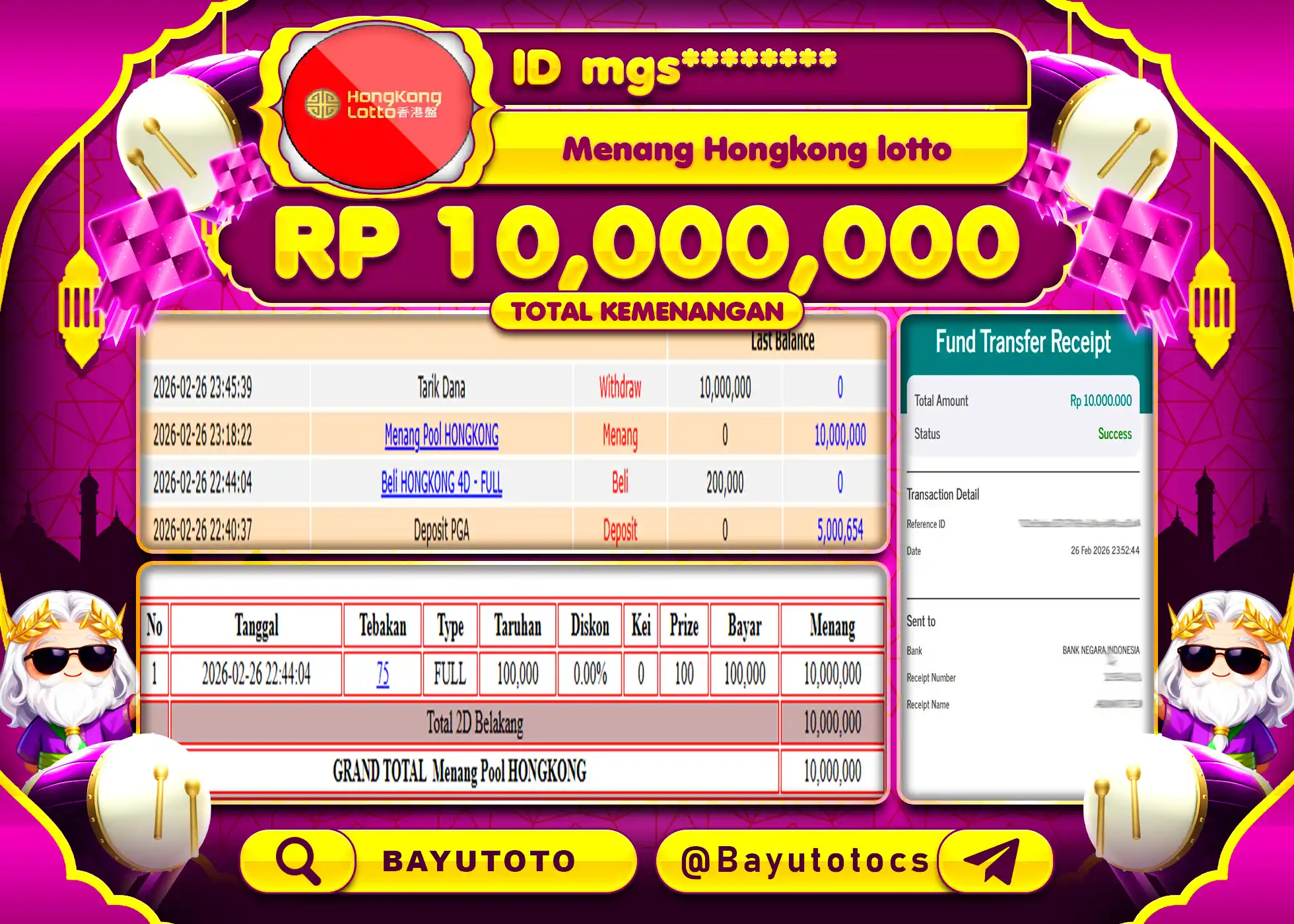 SELAMAT MEMBER SETIA BAYUTOTO JACKPOT DI PASARAN HONGKONG Rp. 10,000,000 LUNAS