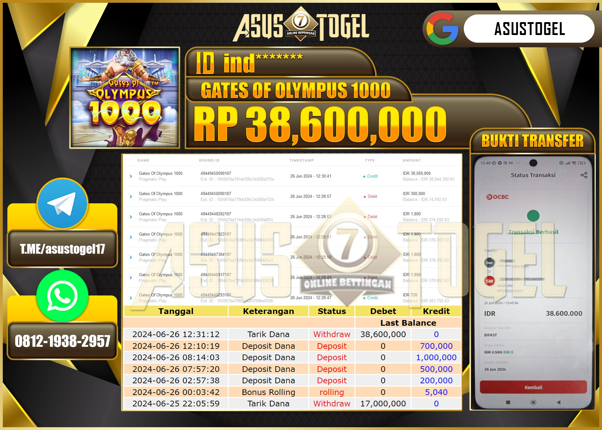 ASUSTOGEL KEMENANGAN GATES OF OLYMPUS 1000 SEBESAR 38,600,000-LUNAS