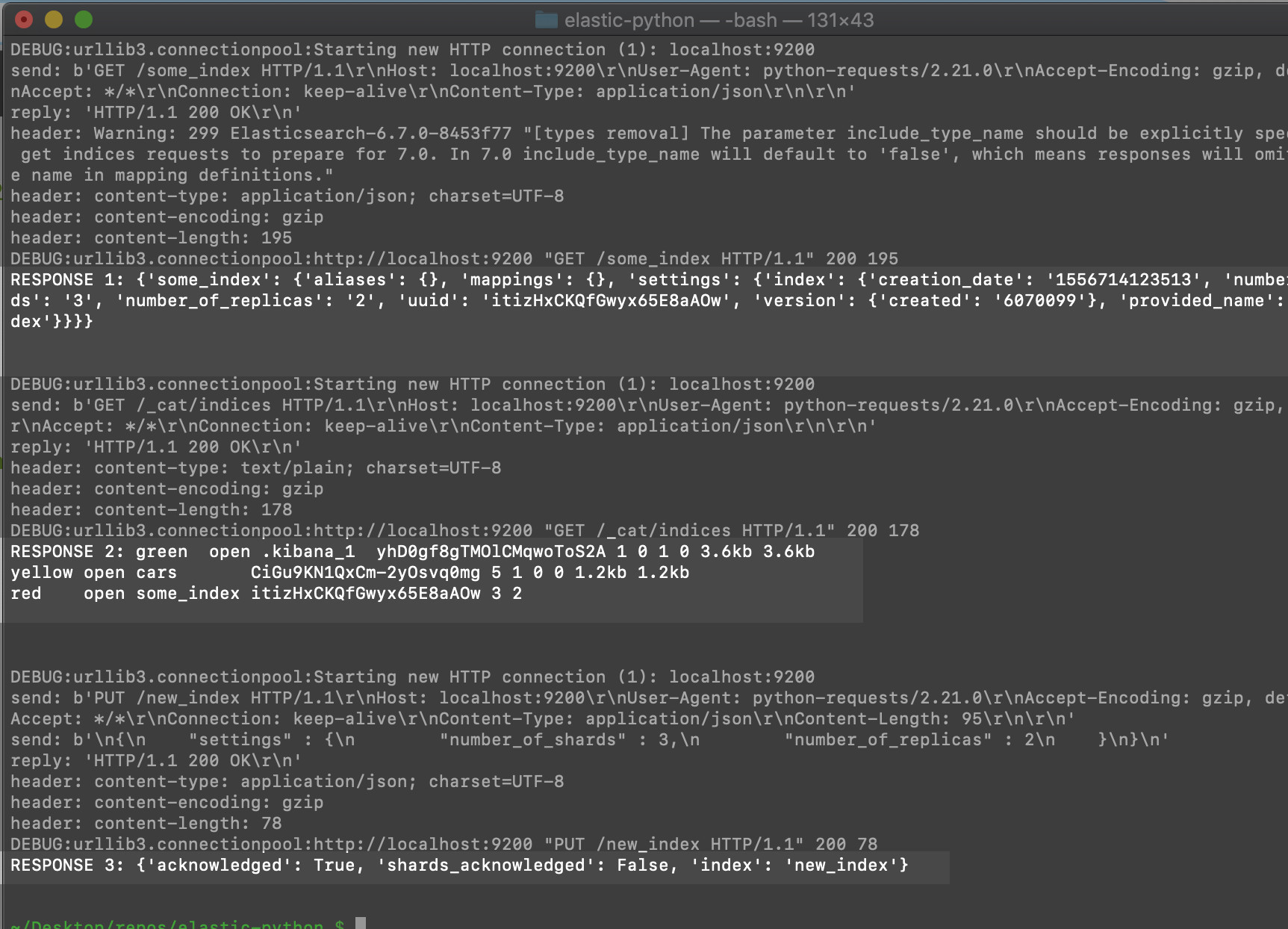 Screenshot of a terminal output of HTTP responses from the calls made to the elasticsearch_curl() function
