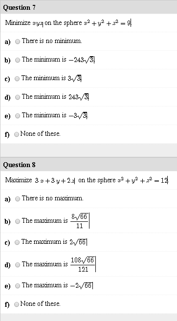 Solved Minimize xyz on the sphere x^2 + y^2 + x^2 = 9 a) | Chegg.com