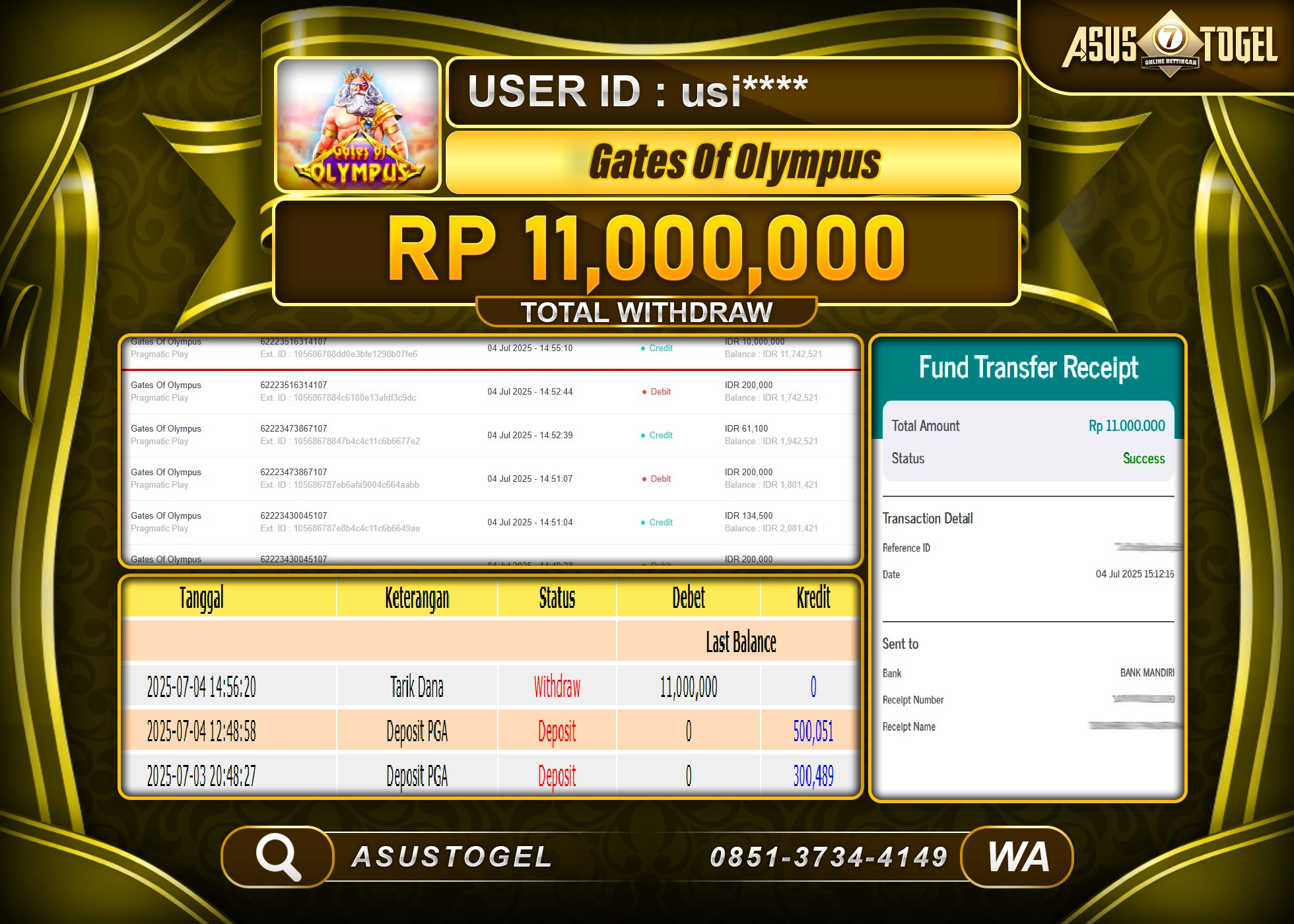 ASUSTOGEL KEMENANGAN DI SLOT GATES OF OLYMPUS SEBESAR 11,000,000- RUPIAH LUNAS