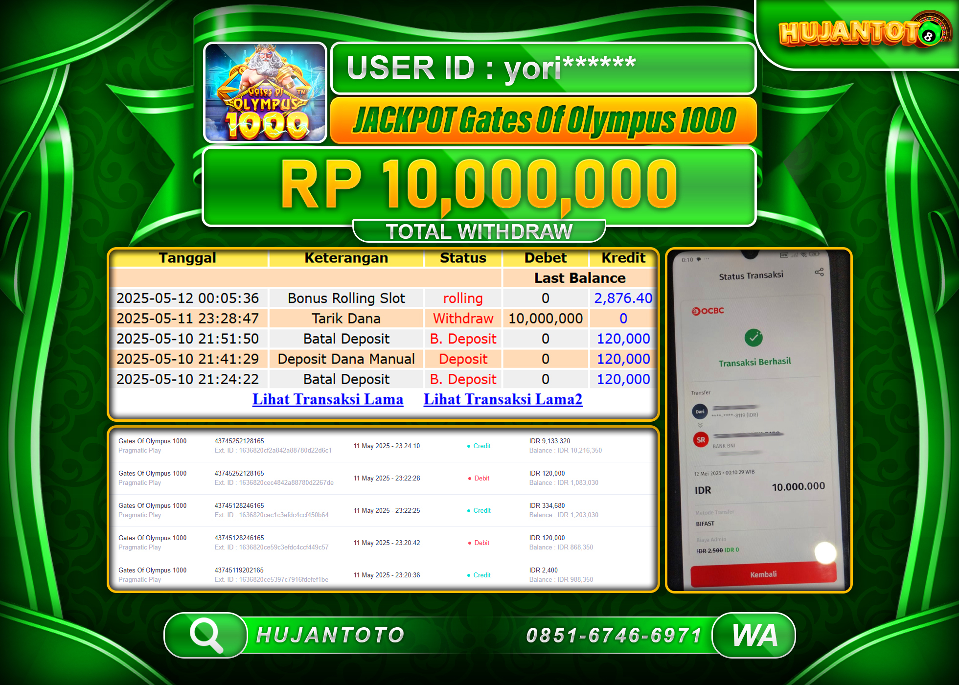 HUJANTOTO - BUKTI JACKPOT MENANG SLOT GATES OF OLYMPUS 1000 Rp,10,000,000 - TERBAYAR LUNAS
