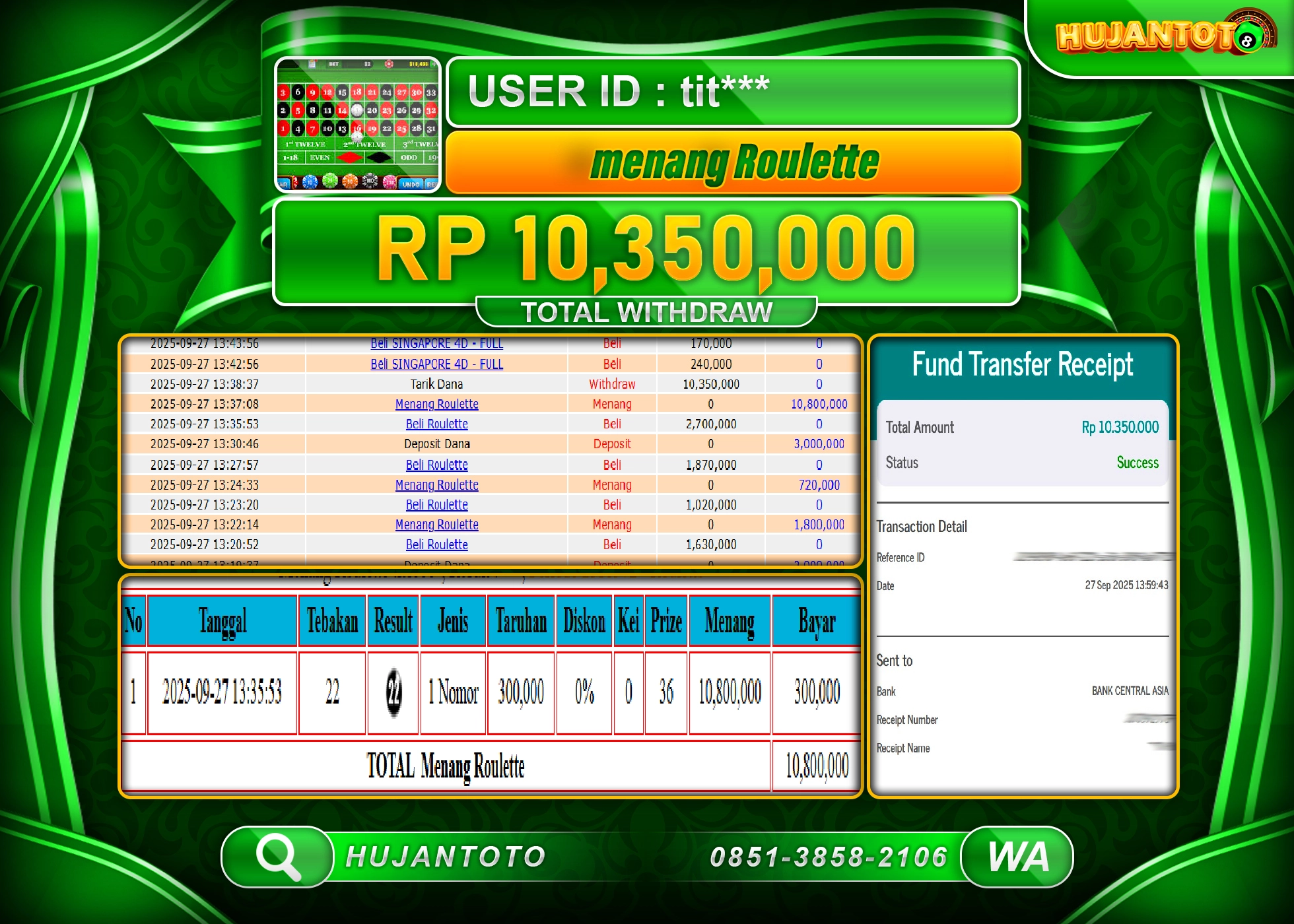 HUJANTOTO - BUKTI JACKPOT MENANG LIVE GAMES ROULETTE  Rp.10,350,000 - TERBAYAR LUNAS