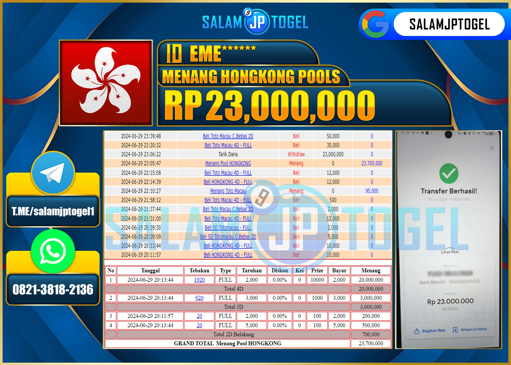 SALAMJPTOGEL MENANG  HONGKONG POOLS RP. 23,000,000.,LUNAS