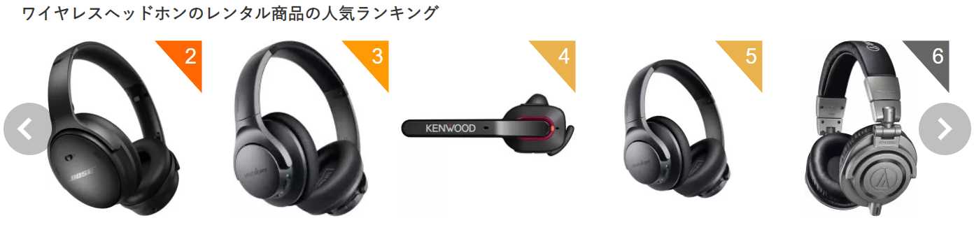 左から順に、Bose、Anker、Kenwood（片耳タイプ）、オーディオテクニカなどのヘッドホンが並ぶ。各画像に順位を示す数字が付く。