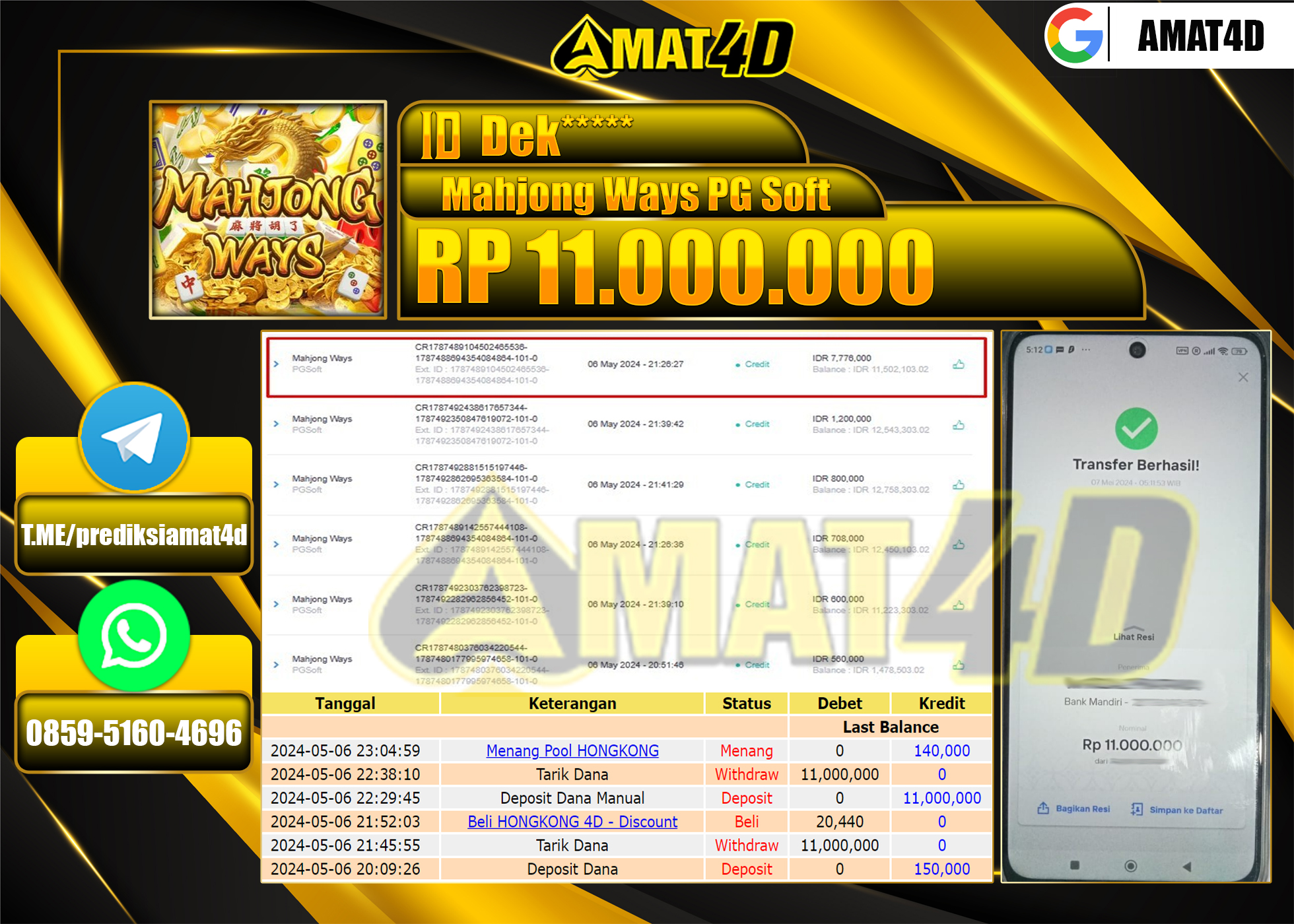 AMAT4D JACKPOT SLOT MAHJONG WAYS Rp.11.000.000 BERHASIL DI BAYAR LUNAS
