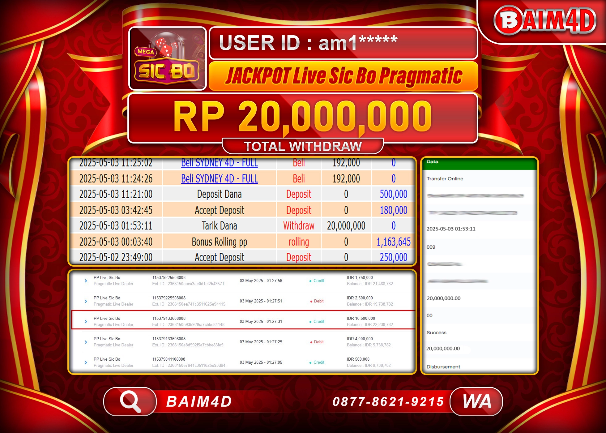 BAIM4D JACKPOT LIVE SIC BO PRAGMATIC  Rp.20.000,000.- LUNAS