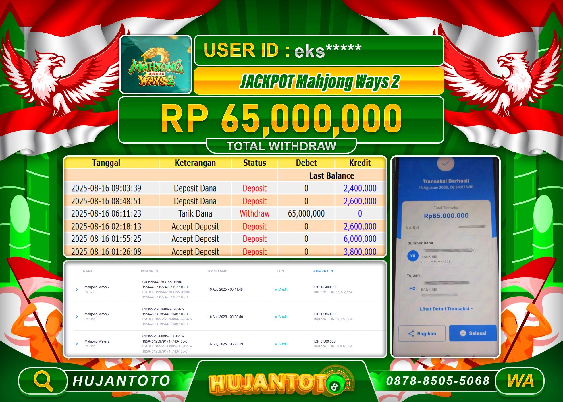 HUJANTOTO - BUKTI JACKPOT MENANG SLOT MAHJONG WAYS  Rp.65,000,000 - TERBAYAR LUNAS