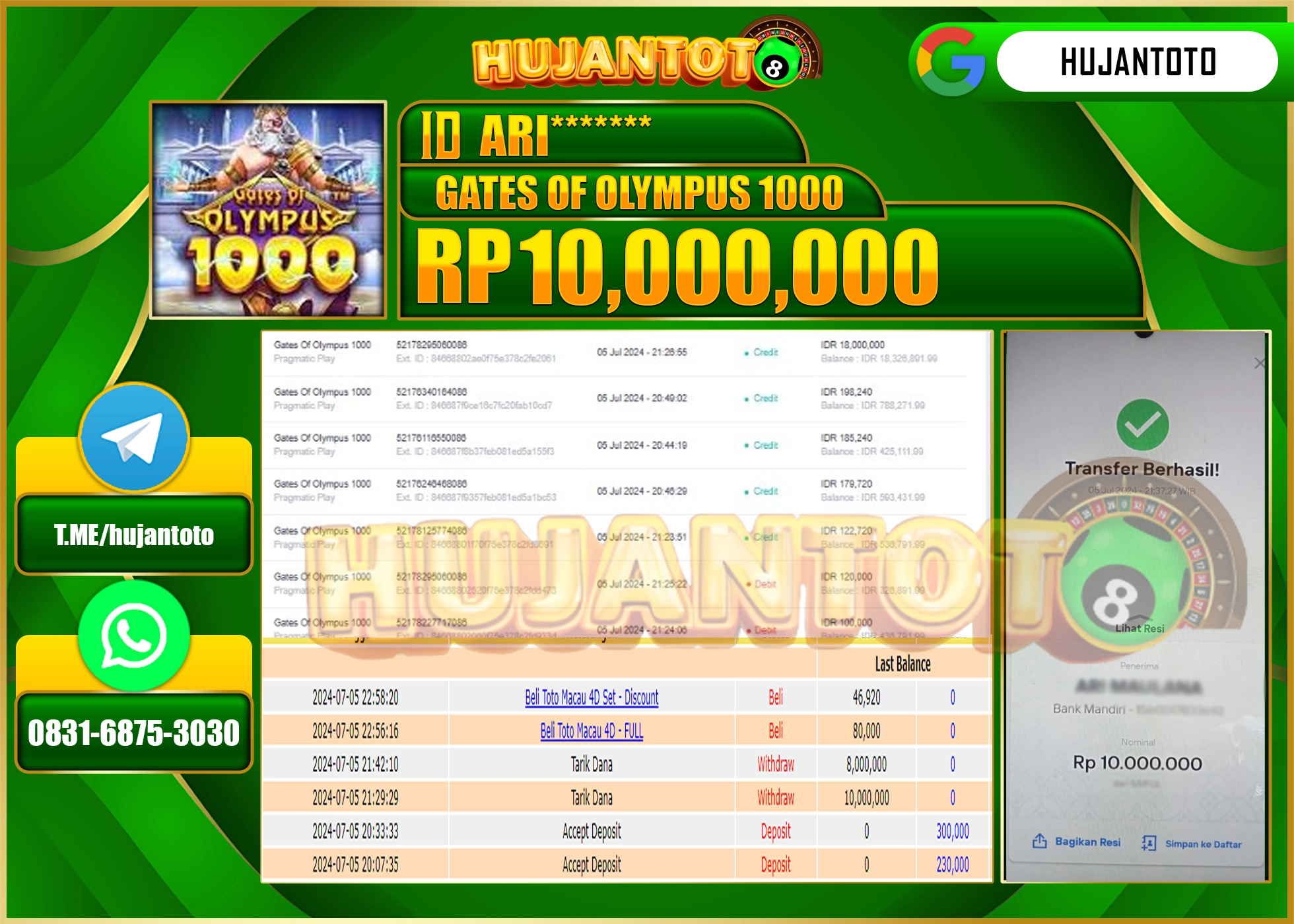 HUJANTOTO MENANG SLOT GATES OF OLYMPUS 1000, 10,000,000 - LUNAS 